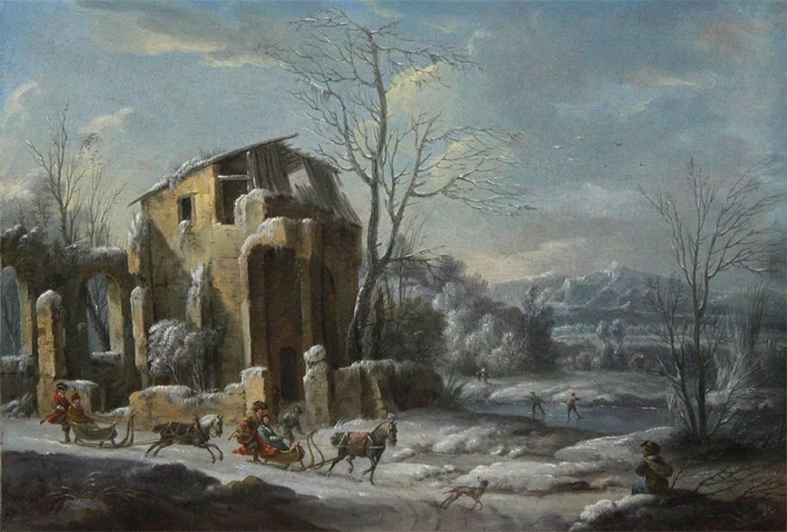 Winter landscape with sleigh - Painting by Dirk Dalens III