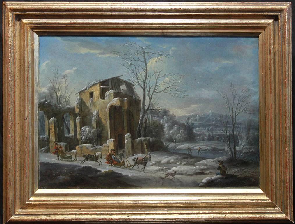 Dirk Dalens III Landscape Painting - Winter landscape with sleigh