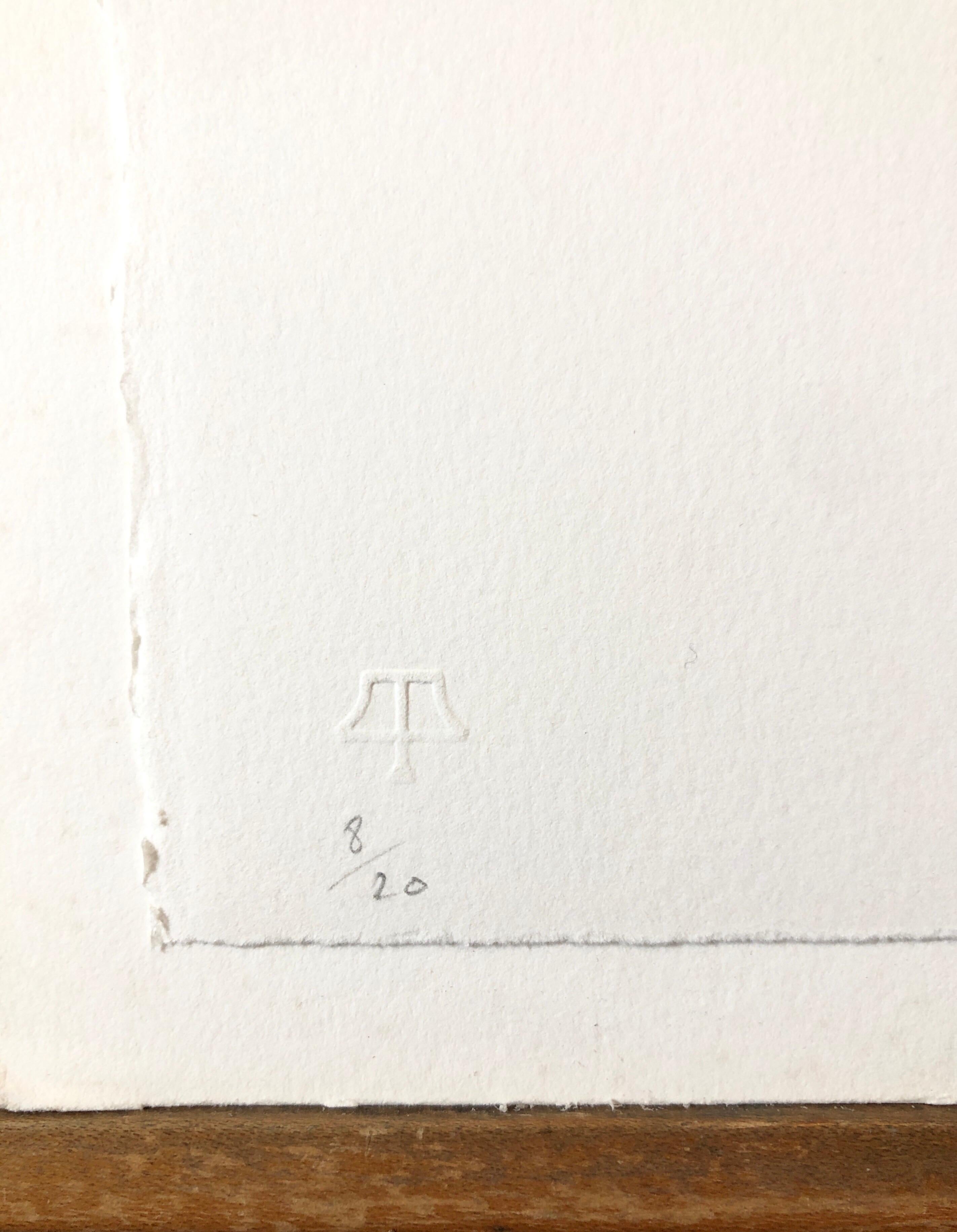 Signed, dated and titled. Initialed and dated lower right, each numbered 8/20, lower left. 9 x 6 image size, 22 x 15 in. sheet size. With the blindstamp of the Tamarind Institute print workshop.
On white Somerset satin paper. 

Belgian American