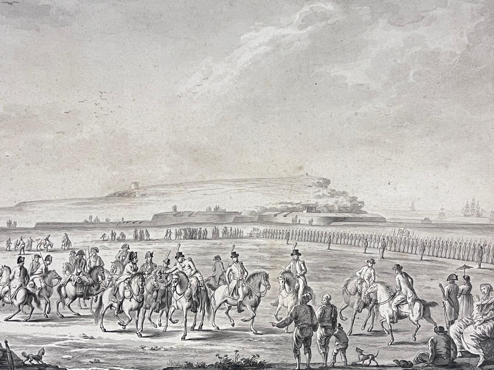 Officers on horseback with infantry on parade
Circle of Dirk Langendijk (Dutch 1748-1805) *see below
watercolour on paper mounted in frame
frame: 21 x 29 inches
board: 10 x 16 inches
provenance: private collection, UK, with Christies auction stencil