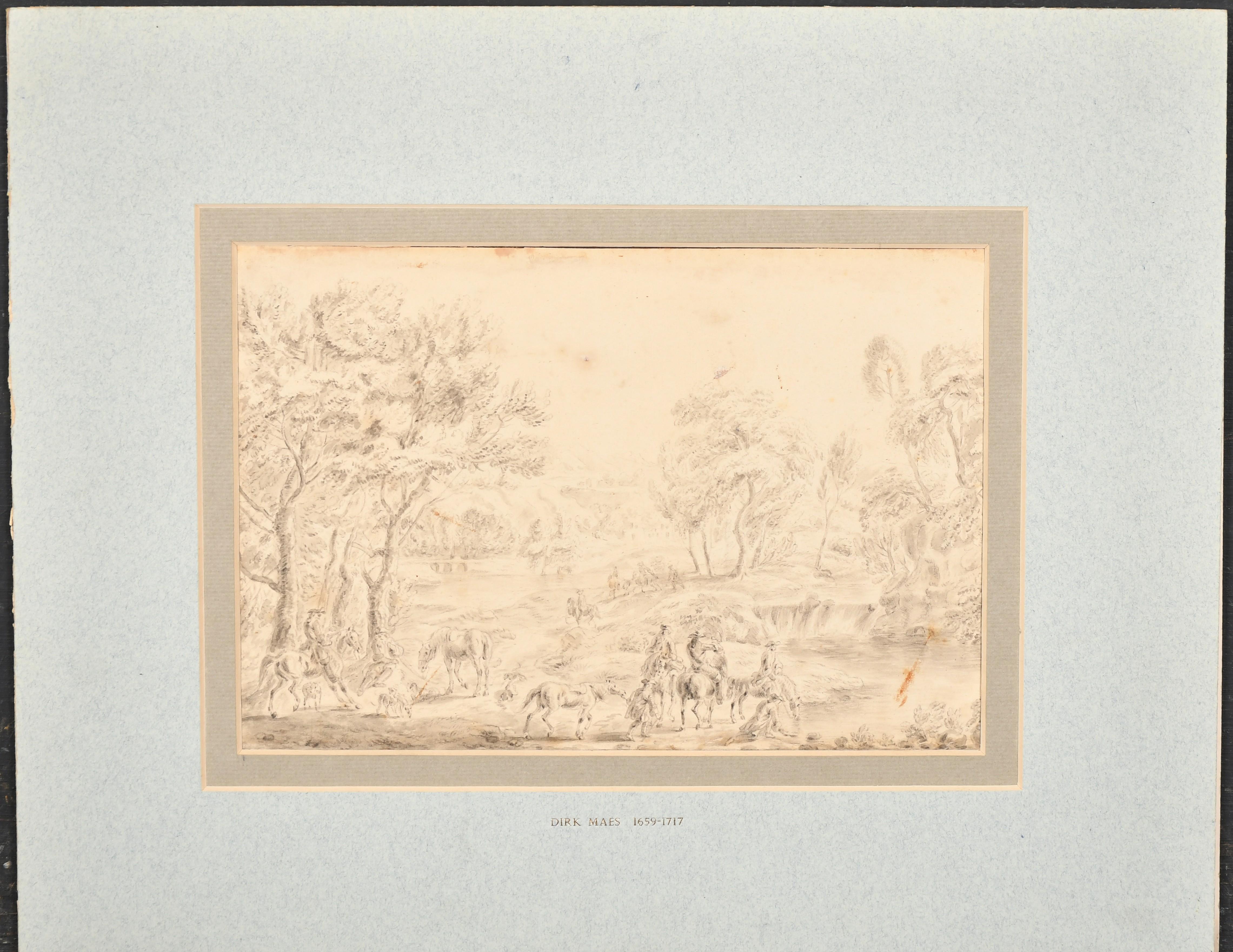 Fine 17th Century Dutch Old Master Drawing Hunting Party Landscape