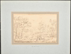 Pregevole disegno antico olandese del 17° secolo Paesaggio di caccia