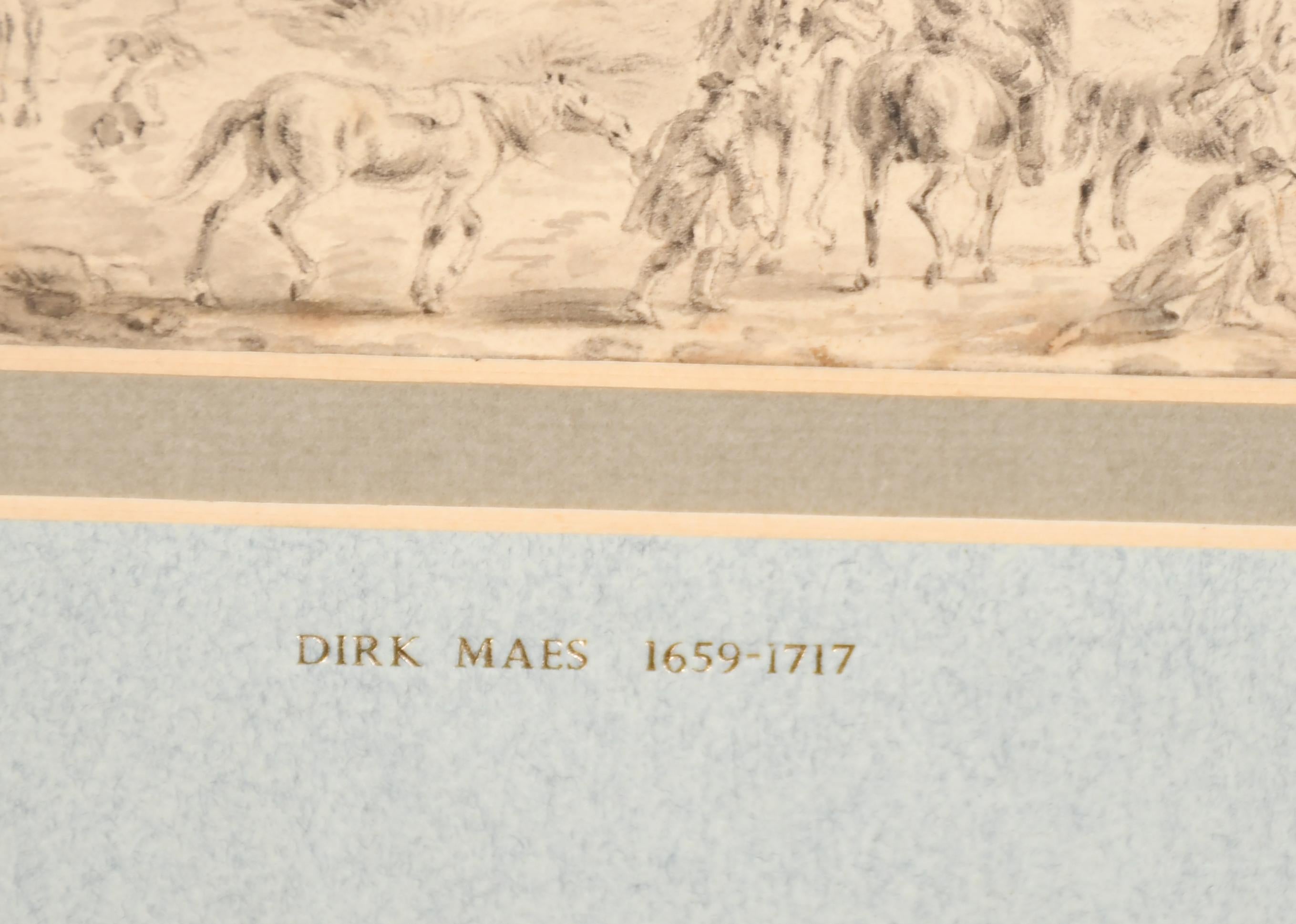 La partie de chasse
Attribué à Dirk Maes (1659-1717) Néerlandais. 
Figures dans un paysage classique, 
Aquarelle et lavis sur papier, 
Image montée, non encadrée 17,1 x 24,7 cm (6,75 x 9,75)
état : globalement bon pour l'âge, quelques décolorations