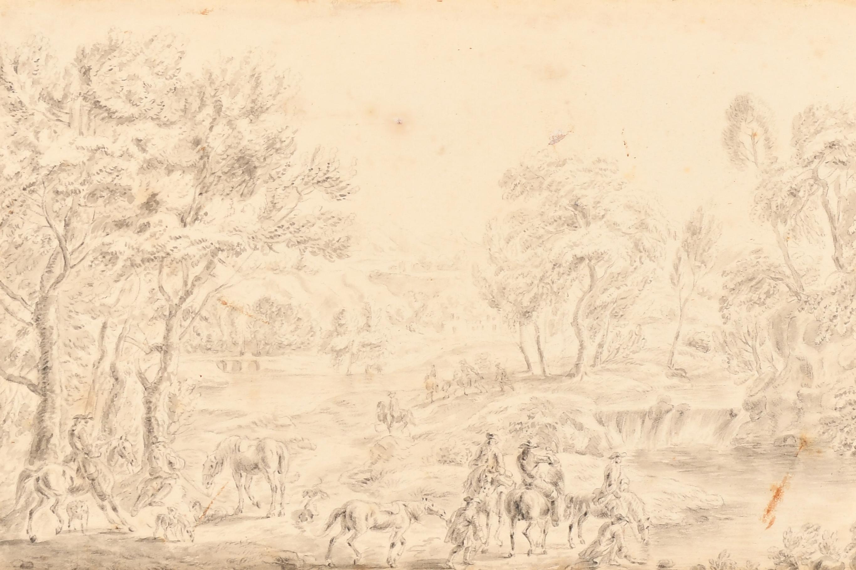 Antiguo dibujo holandés del siglo XVII Paisaje de caza - Art de Dirk Maes