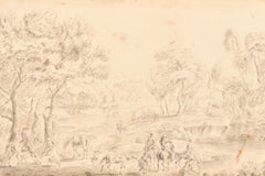 Fine 17th Century Dutch Old Master Watercolor Drawing Hunting Party Landscape