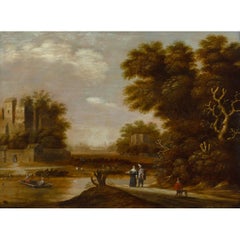 Niederländisches Ölgemälde aus dem frühen 17. Jahrhundert, Flusslandschaft mit Figuren und Kreuzung
