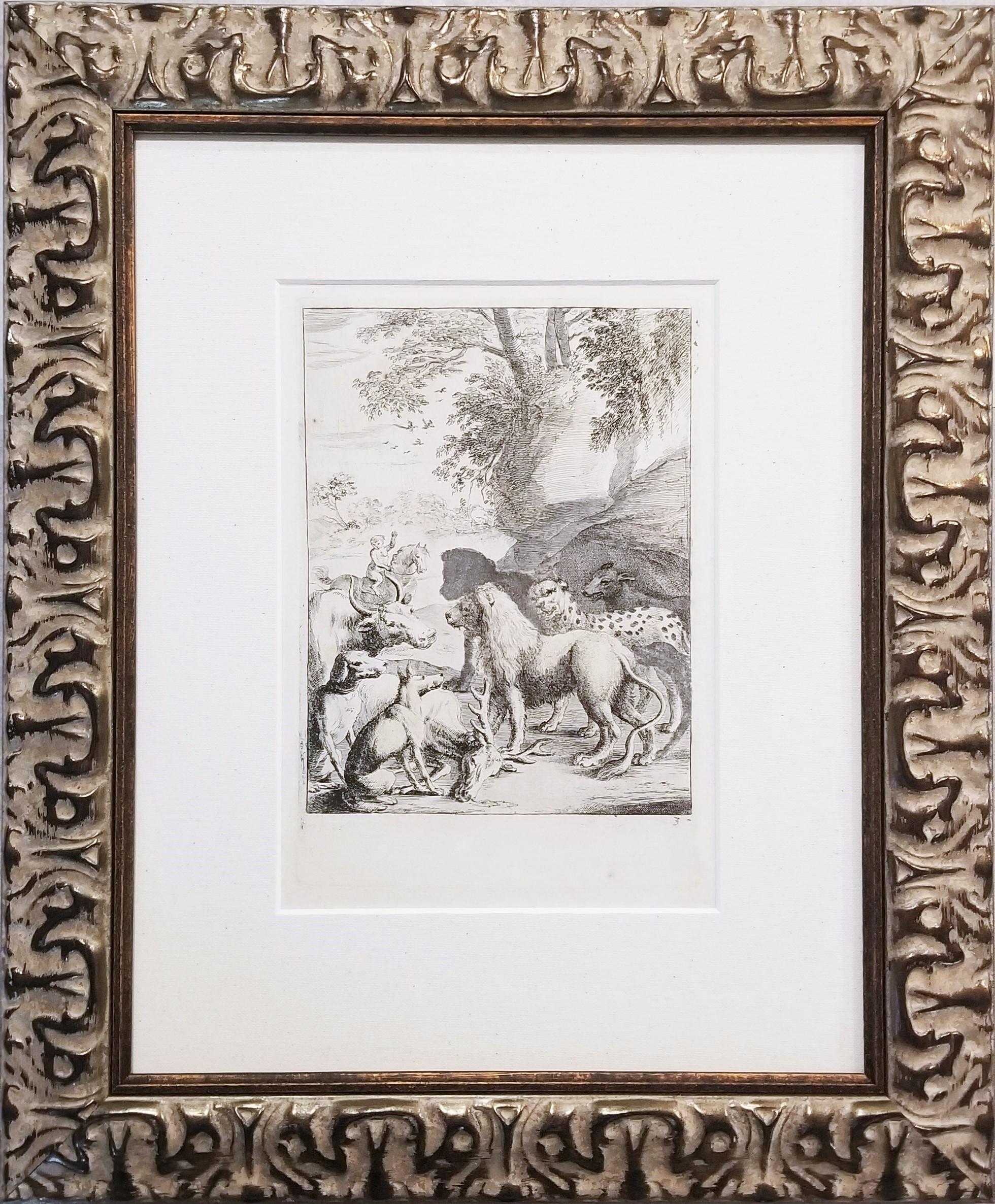 Het leeuwendeel (La part du lion) /// Old Masters Animals Landscape Dog Leopard - Gris Animal Print par Dirk Stoop