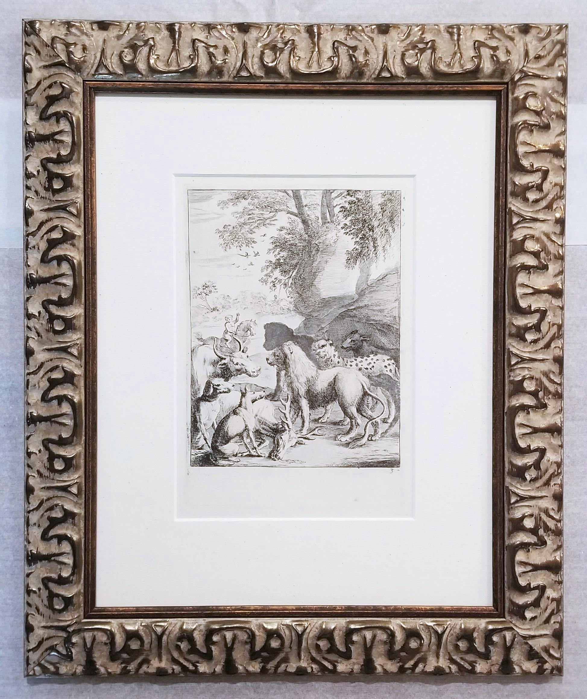 Het leeuwendeel (The Lion's Share) /// Old Masters Animals Landscape Dog Leopard - Gray Animal Print by Dirk Stoop