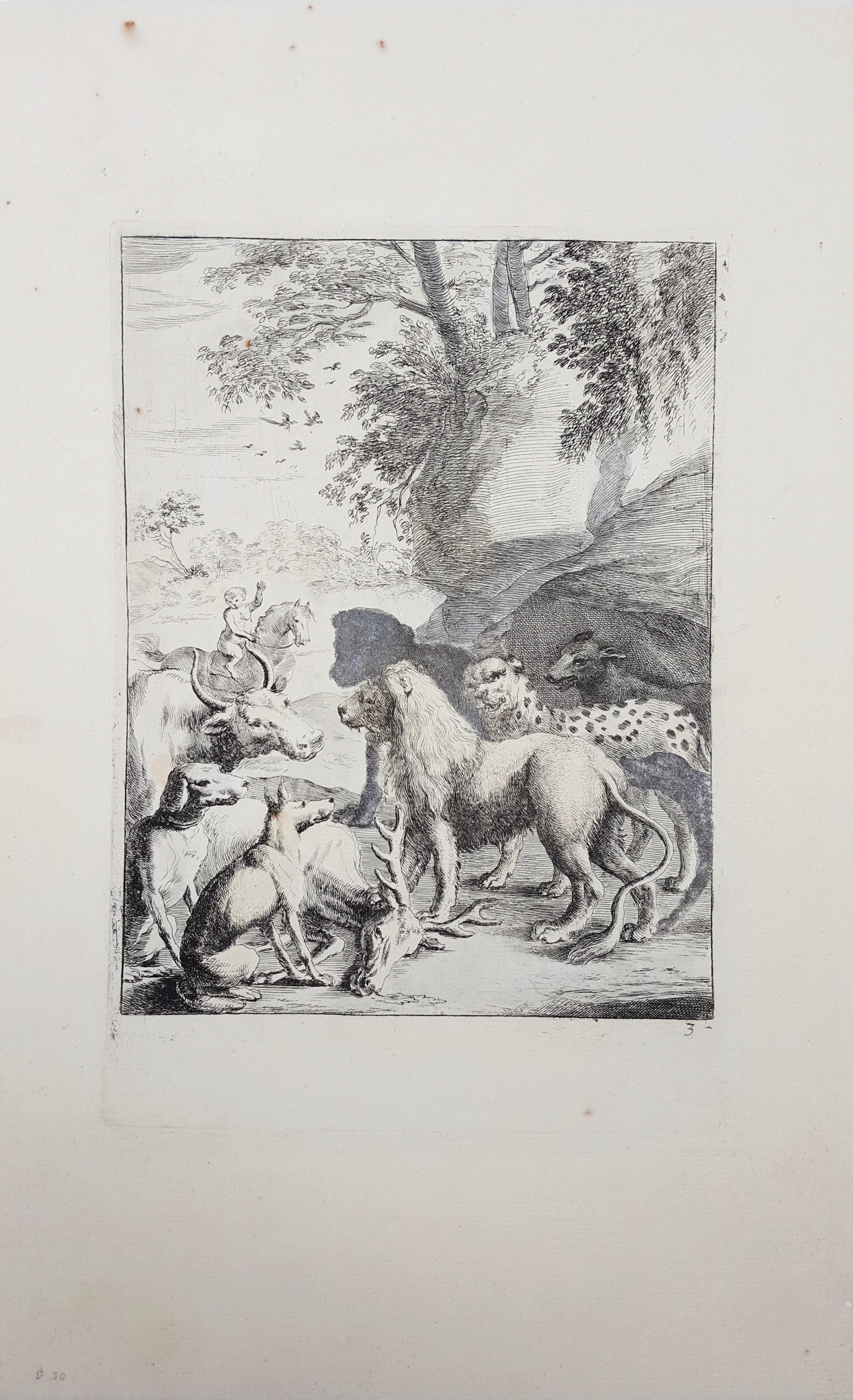 Het leeuwendeel (Der Löwe im Dienste des Löwen) /// Alte Meister Tierlandschaft, Tier, Landschaft, Hund, Leopard – Print von Dirk Stoop