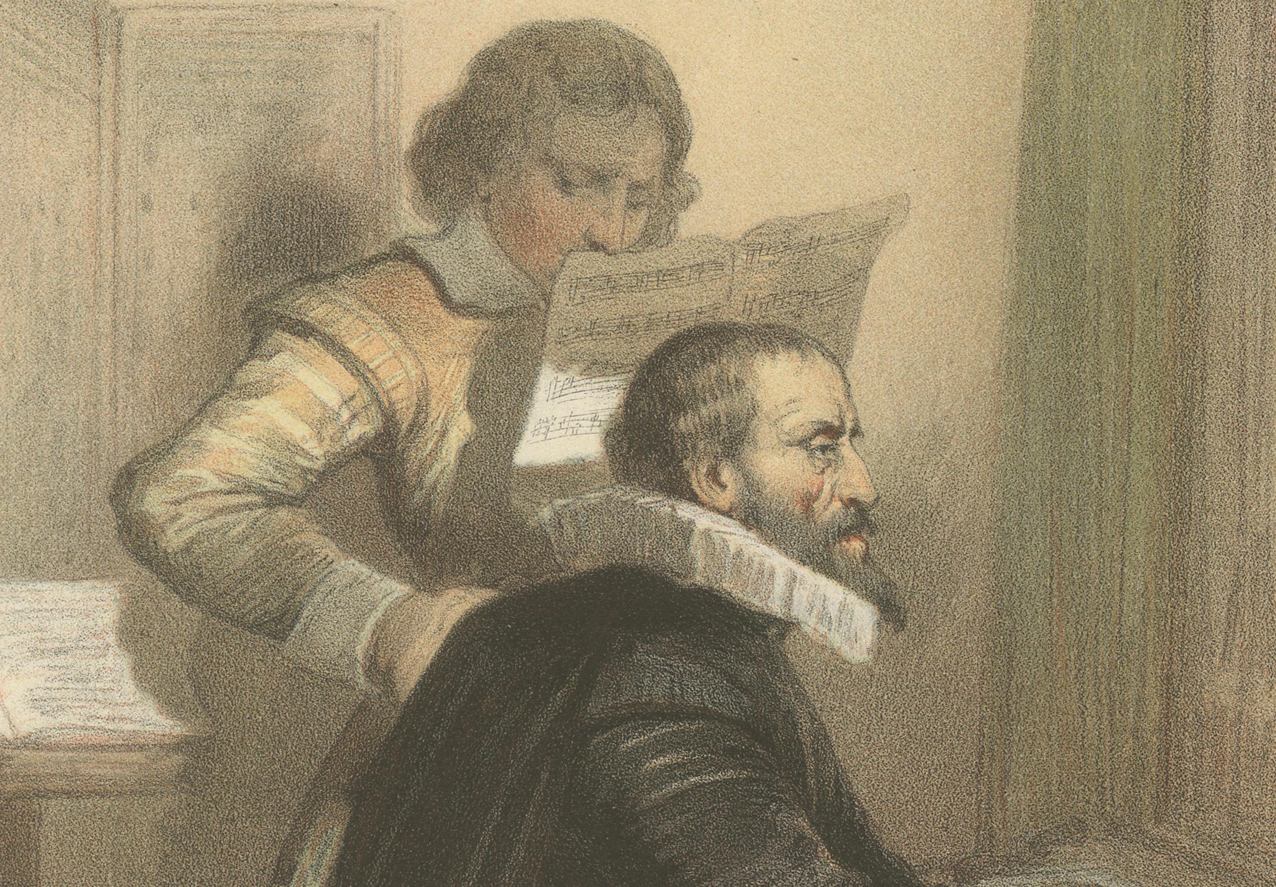 Papier Dirk Sweelinck - Organiste et compositeur baroque néerlandais, lithographie du XIXe siècle en vente