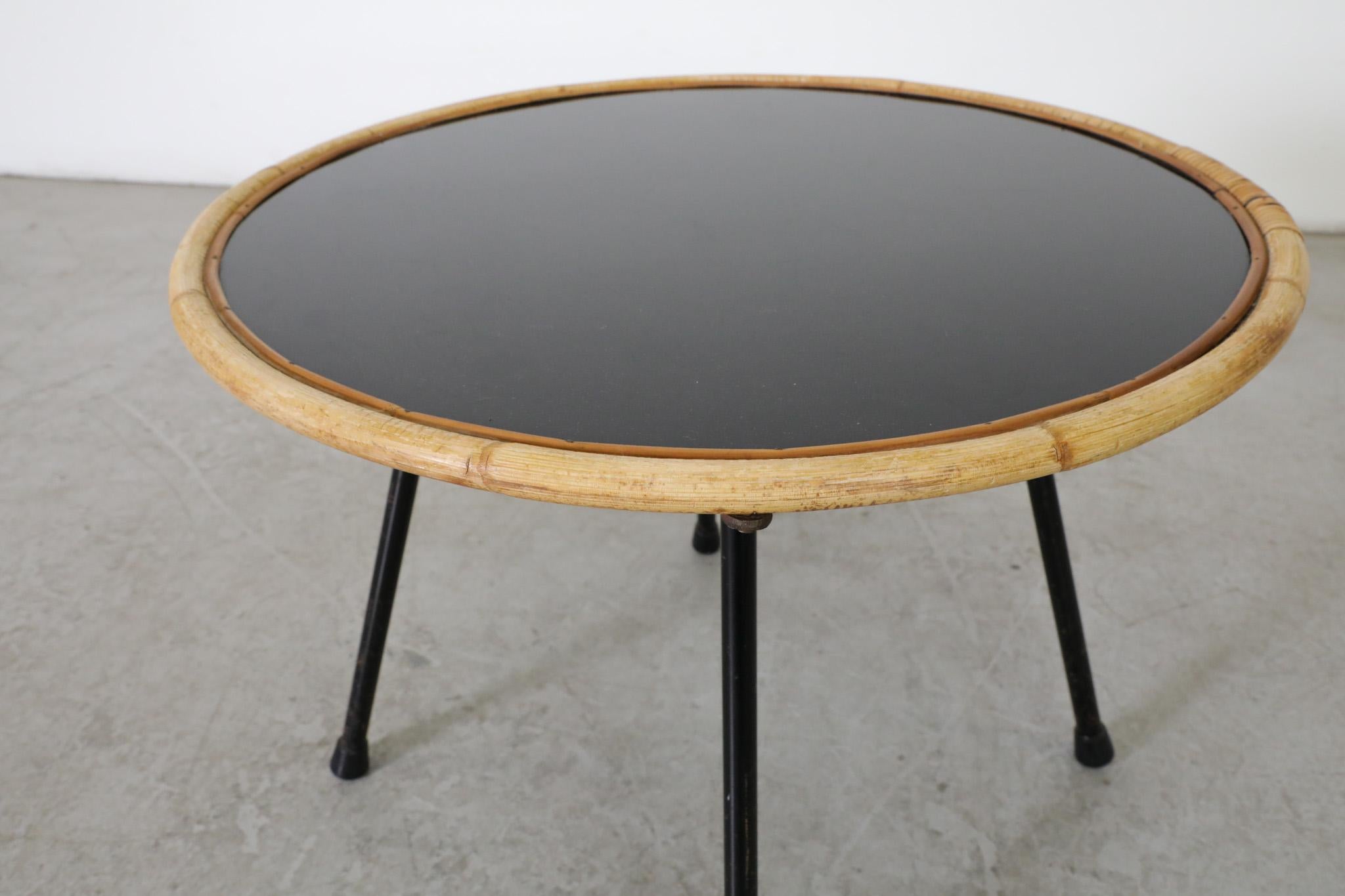 Metal Dirk van Sliedregt (attr) Mid-Century Black Glass and Bamboo Side Table For Sale