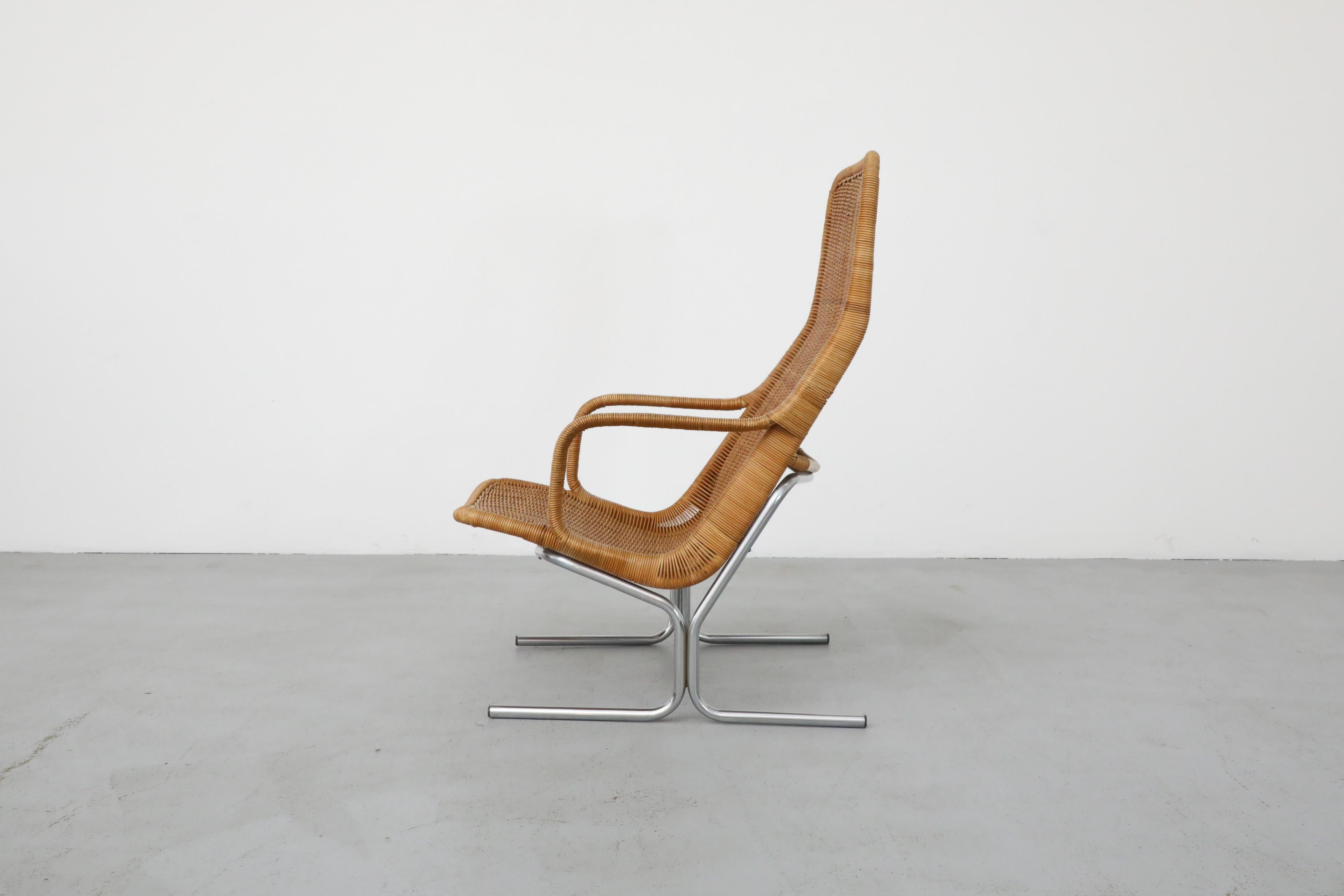 Mid-Century Modern Dirk Van Sliedregt Model 514C High Back Rattan Lounge Chair w/ Chrome Sled Leg