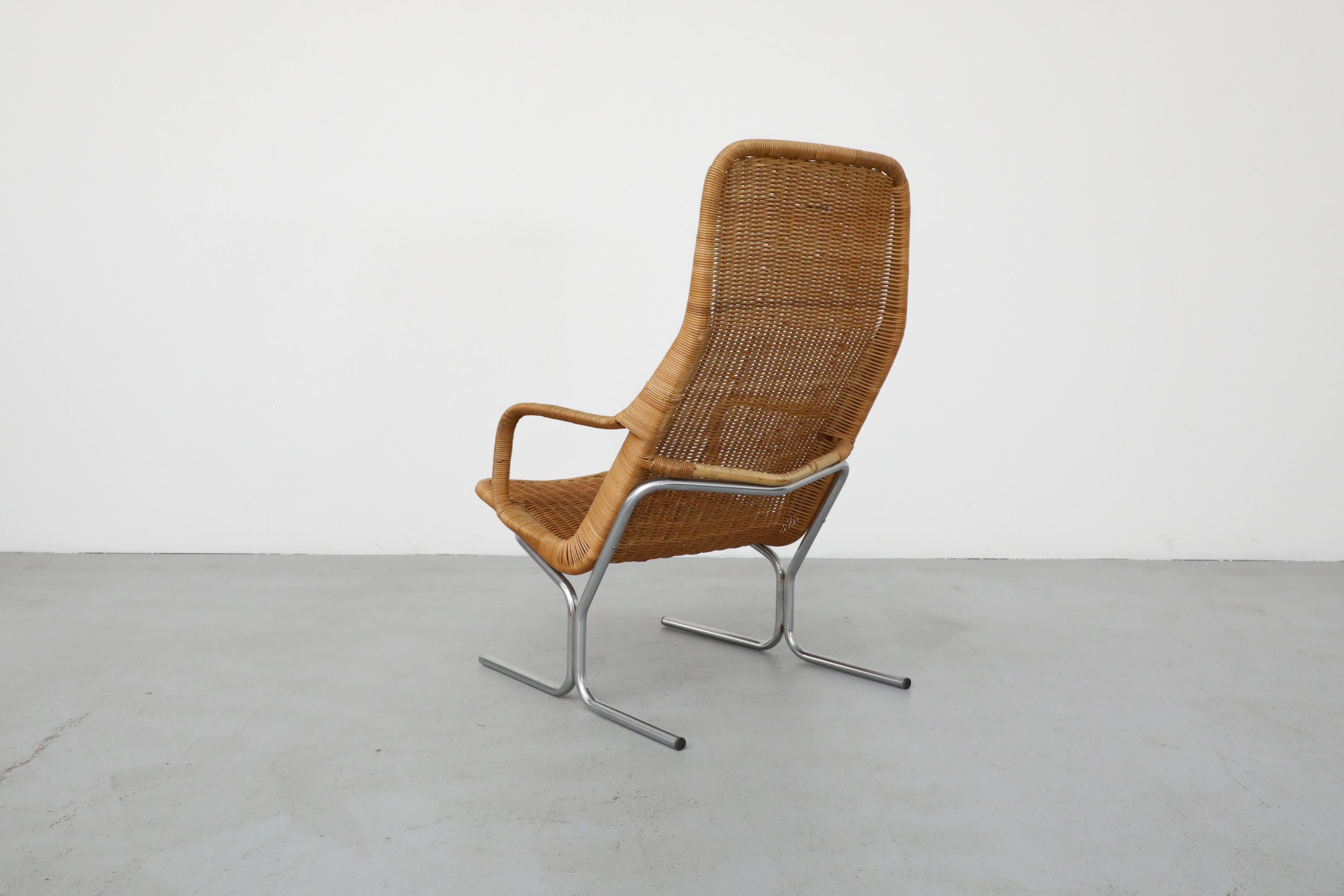 Dutch Dirk Van Sliedregt Model 514C High Back Rattan Lounge Chair w/ Chrome Sled Leg