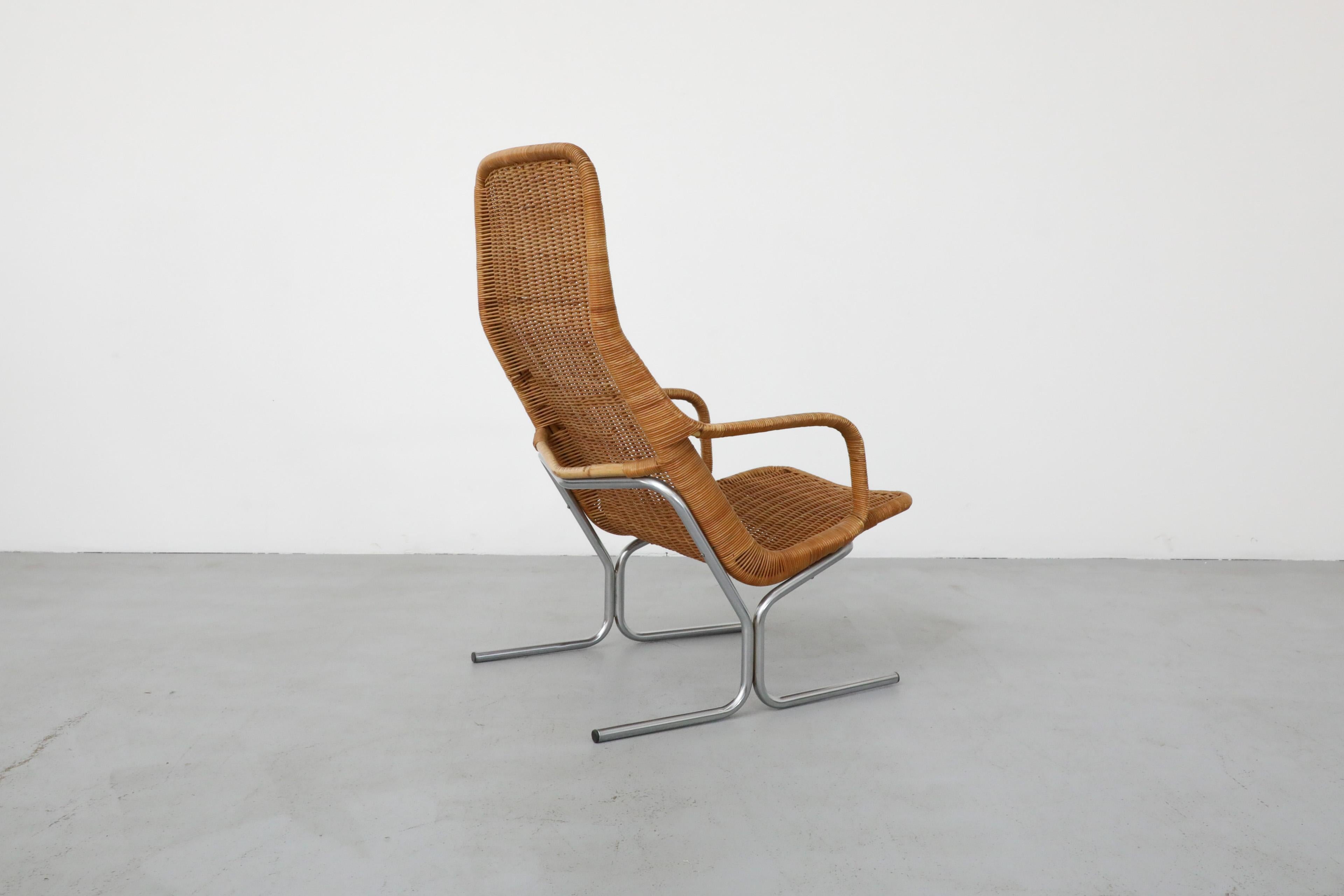 Late 20th Century Dirk Van Sliedregt Model 514C High Back Rattan Lounge Chair w/ Chrome Sled Leg
