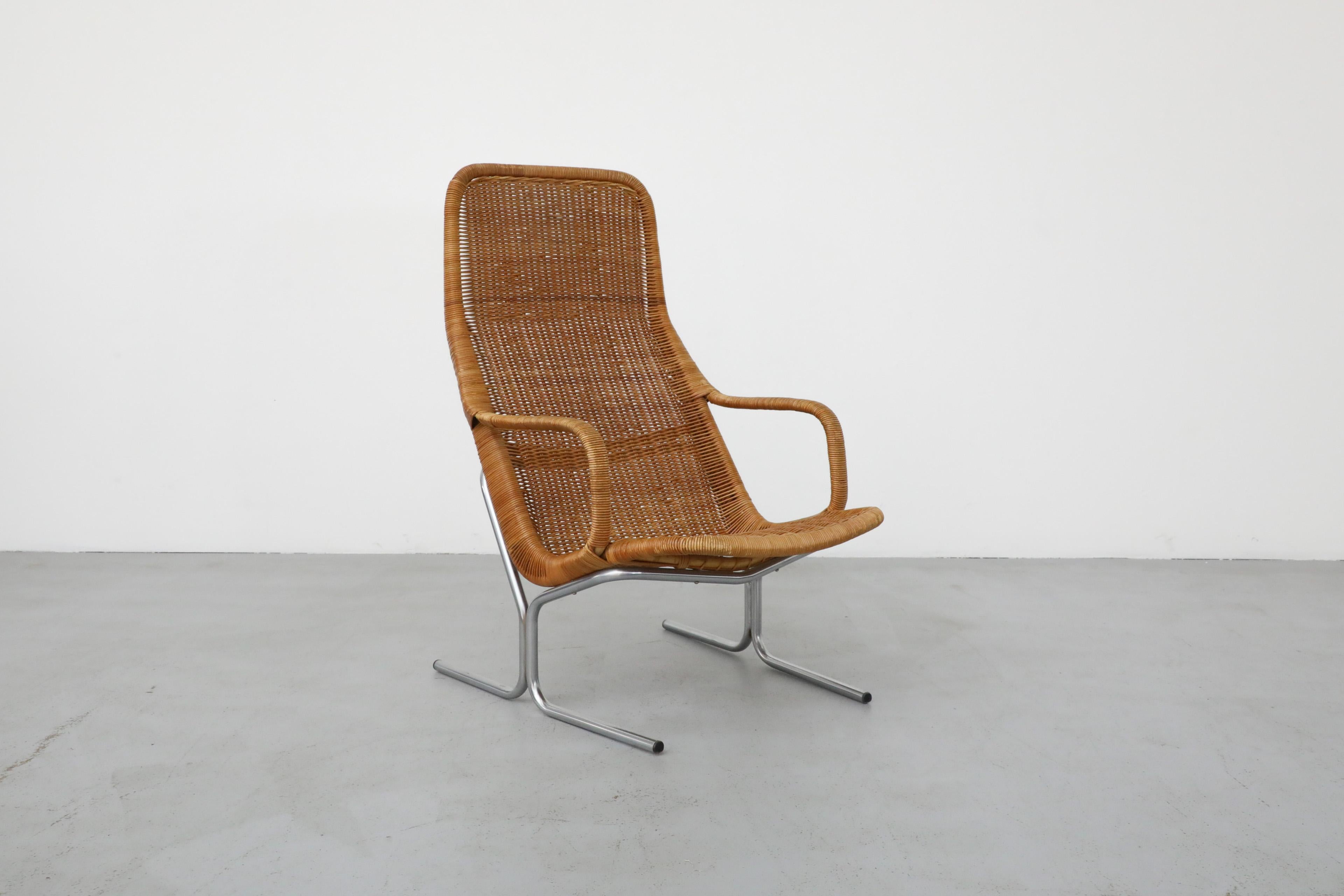 Dirk Van Sliedregt Model 514C High Back Rattan Lounge Chair w/ Chrome Sled Leg 1