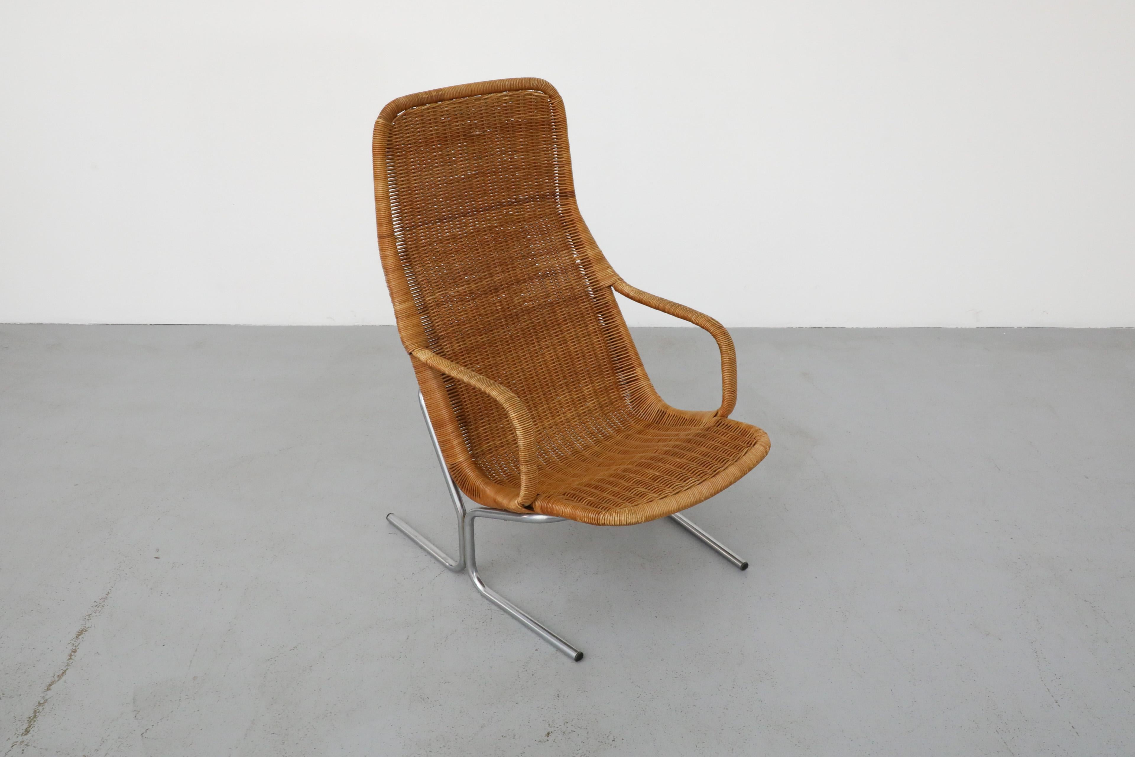 Dirk Van Sliedregt Model 514C High Back Rattan Lounge Chair w/ Chrome Sled Leg 2