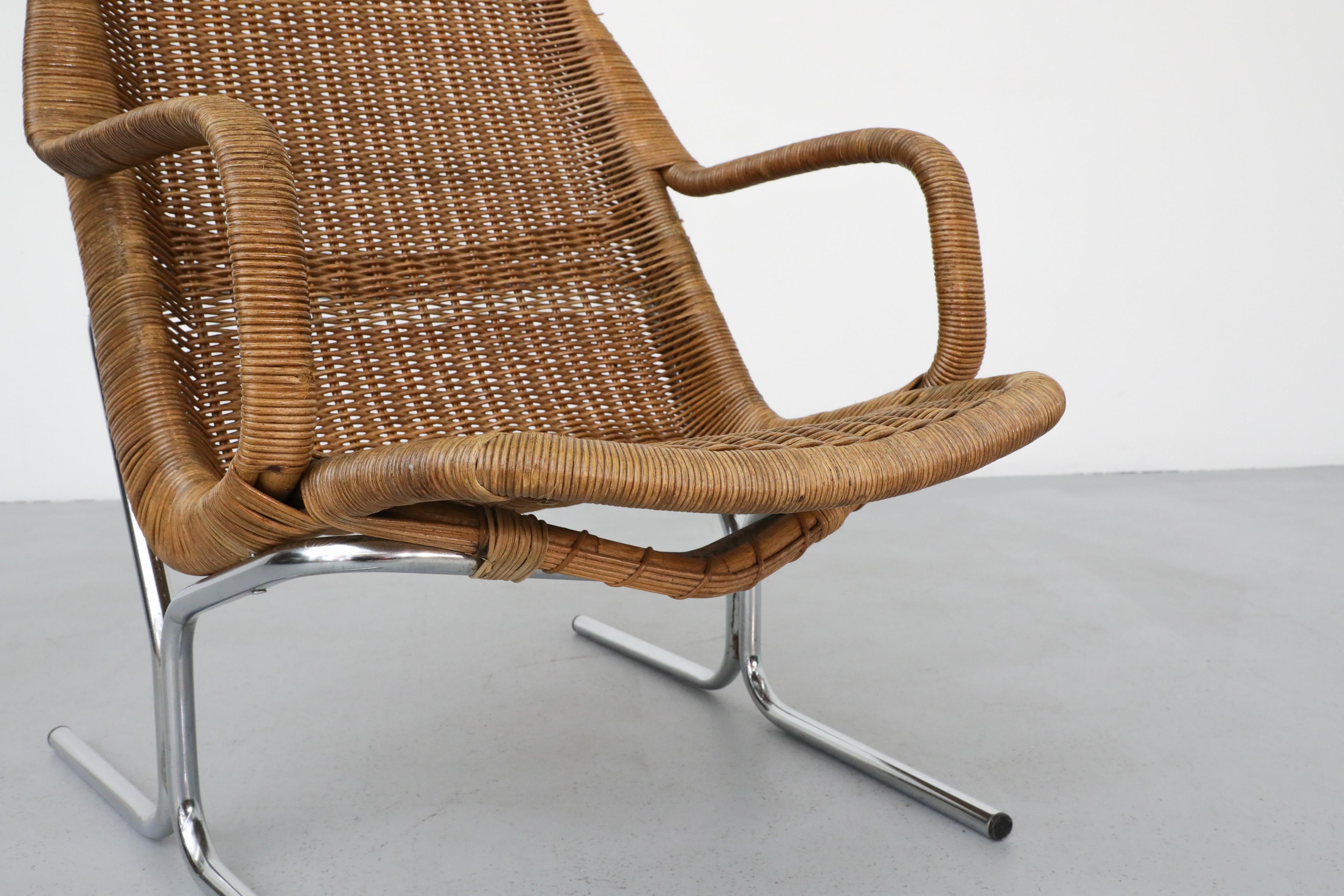 Dirk Van Sliedregt Model 514C High Back Rattan Lounge Chair w/ Chrome Sled Legs 4
