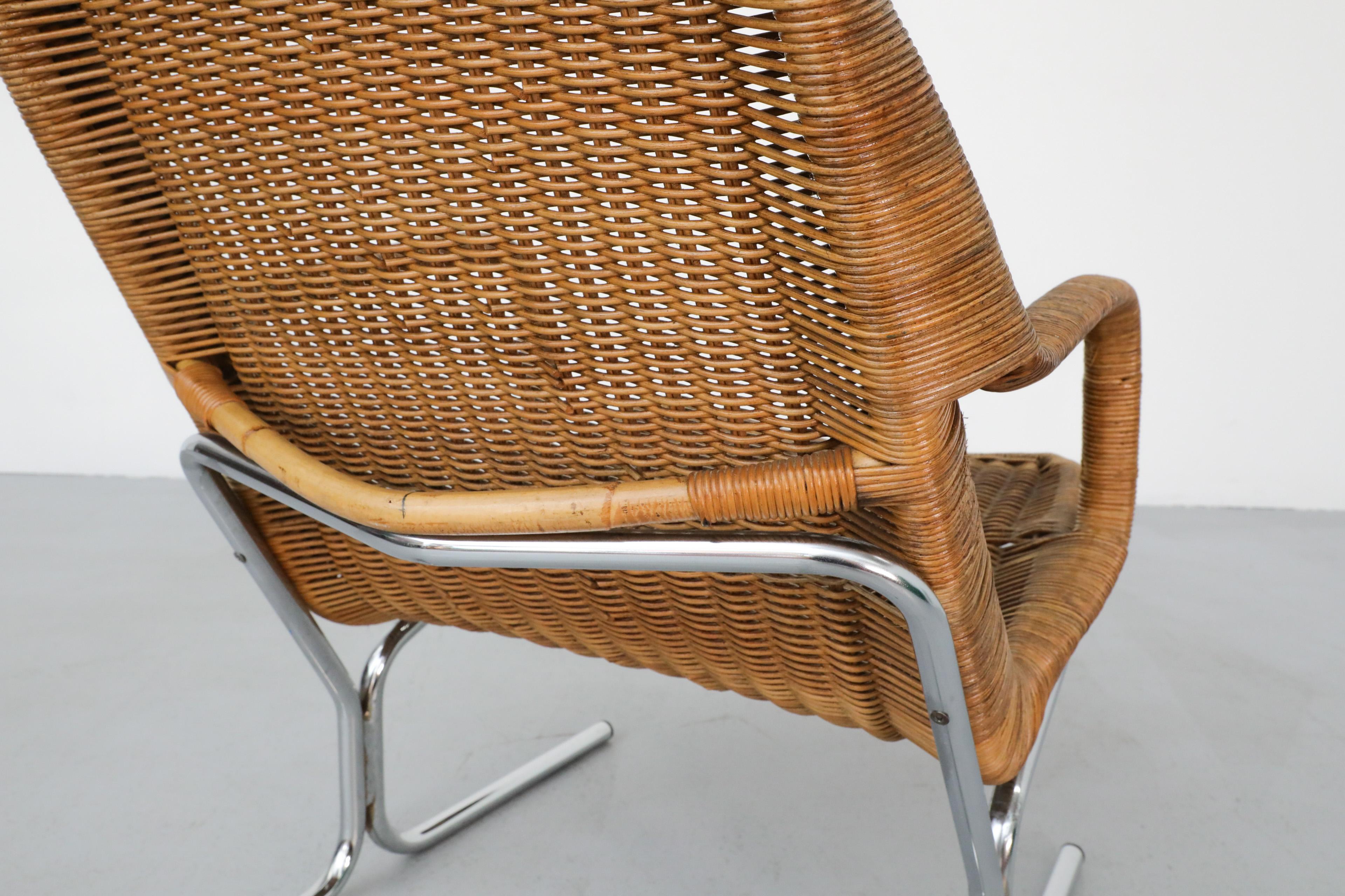 Dirk Van Sliedregt Model 514C High Back Rattan Lounge Chair w/ Chrome Sled Legs 6