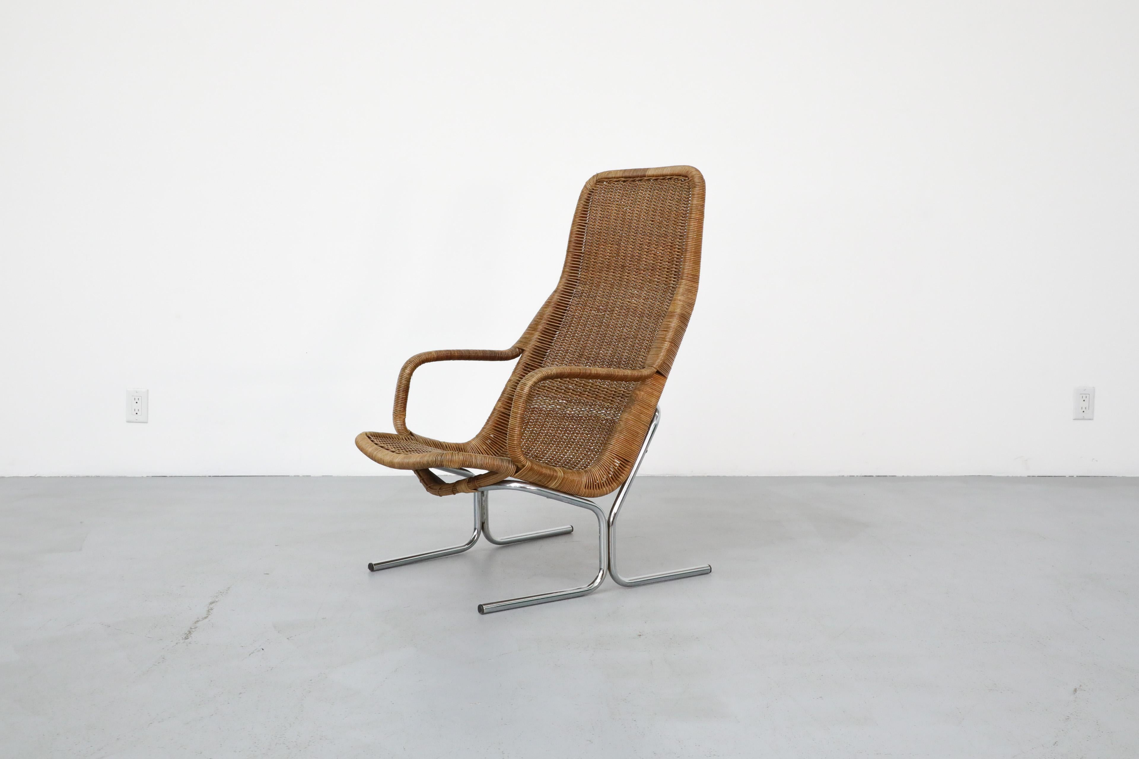 Mid-Century Modern Dirk Van Sliedregt Model 514C High Back Rattan Lounge Chair w/ Chrome Sled Legs