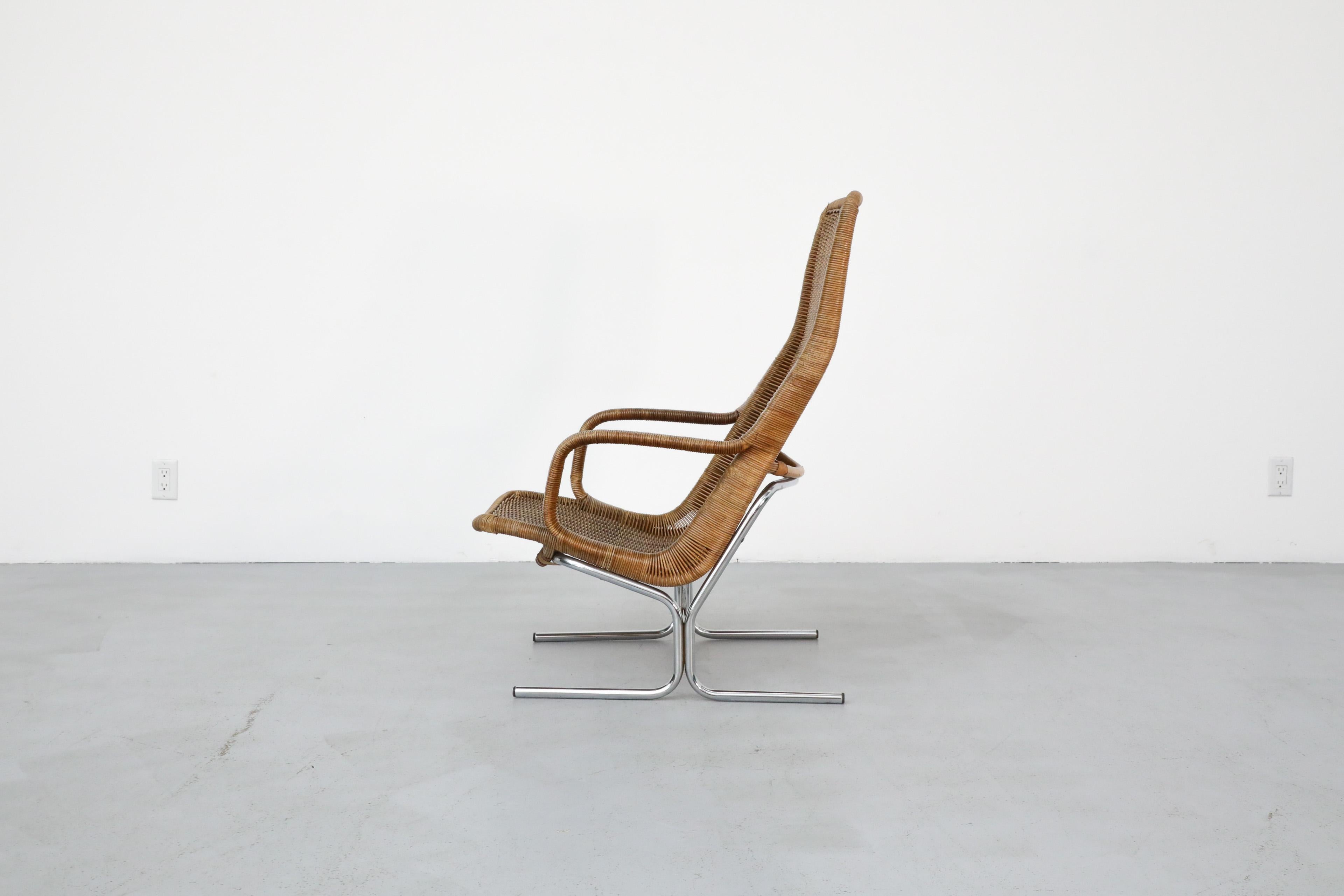 Dutch Dirk Van Sliedregt Model 514C High Back Rattan Lounge Chair w/ Chrome Sled Legs