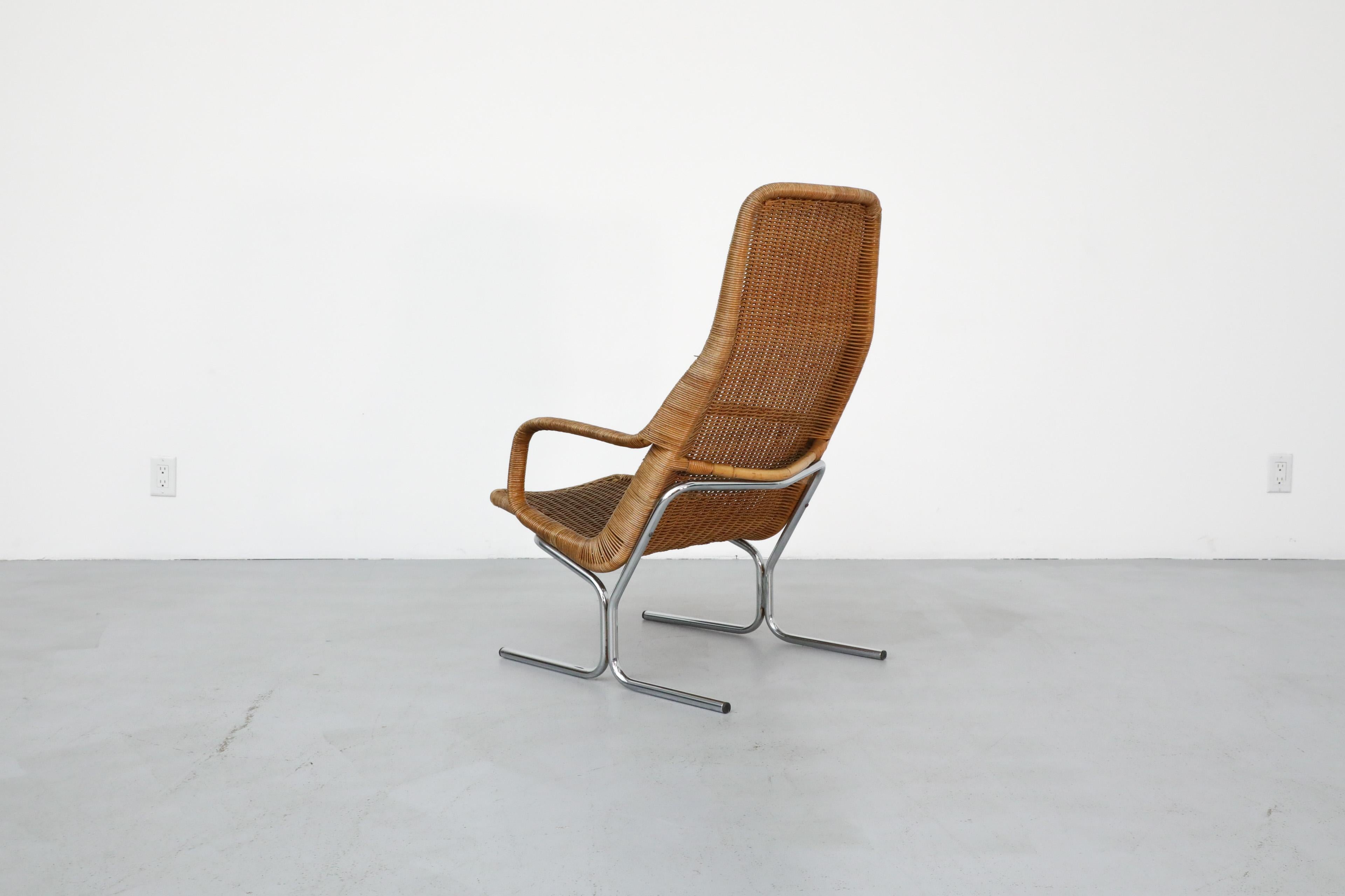 Dirk Van Sliedregt Model 514C High Back Rattan Lounge Chair w/ Chrome Sled Legs In Good Condition In Los Angeles, CA
