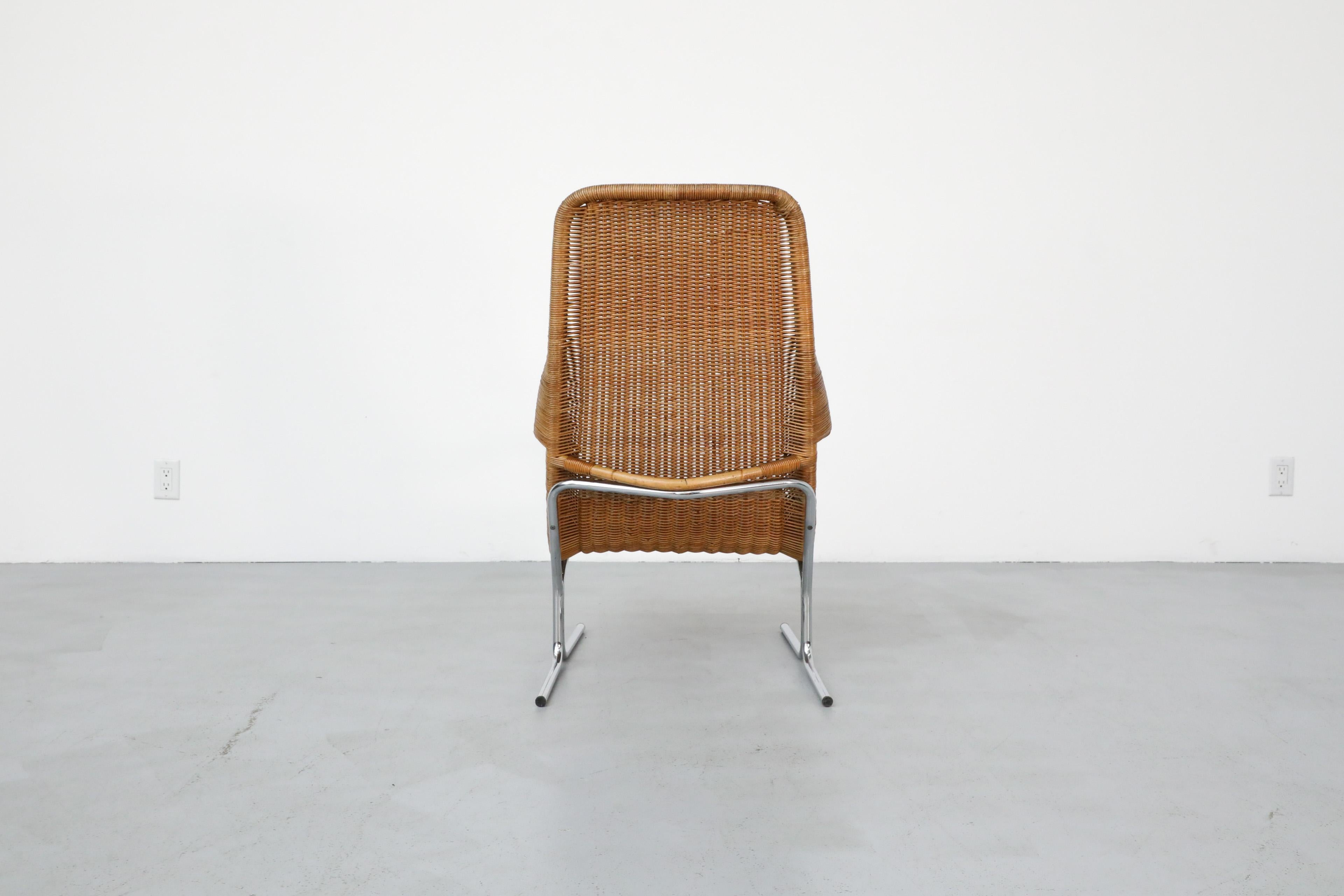 20th Century Dirk Van Sliedregt Model 514C High Back Rattan Lounge Chair w/ Chrome Sled Legs