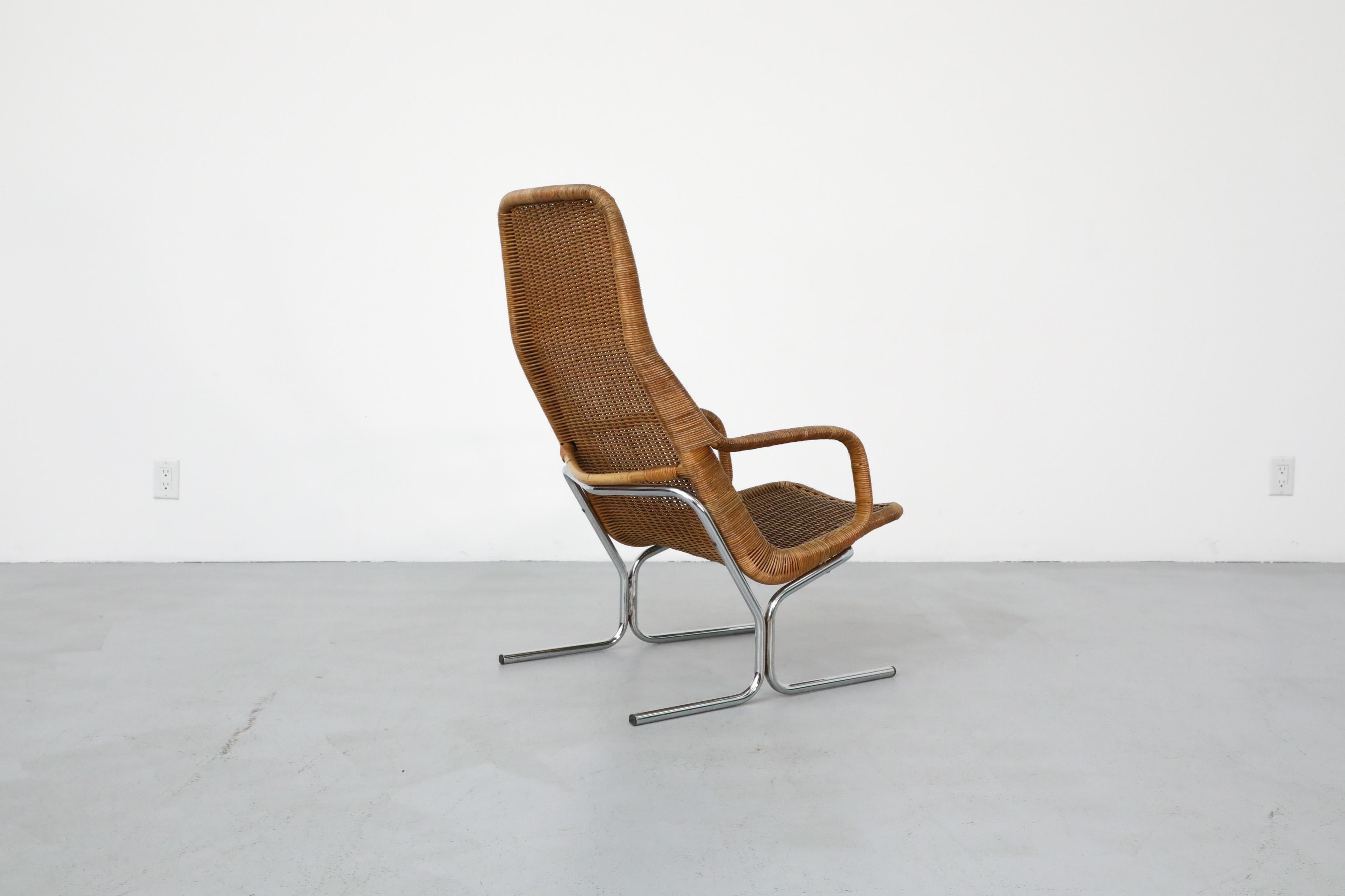 Dirk Van Sliedregt Model 514C High Back Rattan Lounge Chair w/ Chrome Sled Legs 1