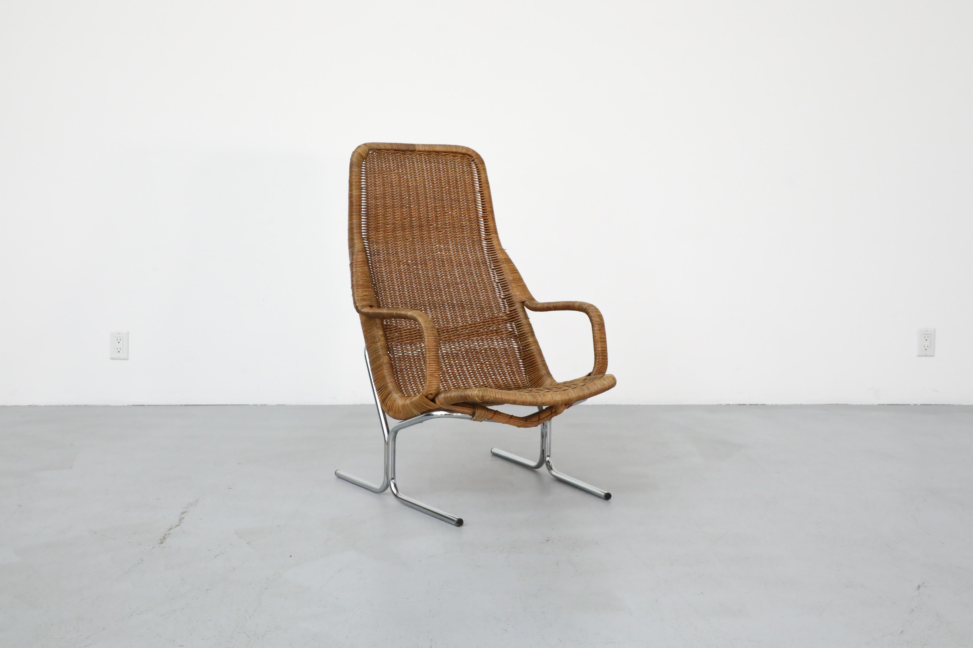 Dirk Van Sliedregt Model 514C High Back Rattan Lounge Chair w/ Chrome Sled Legs 2