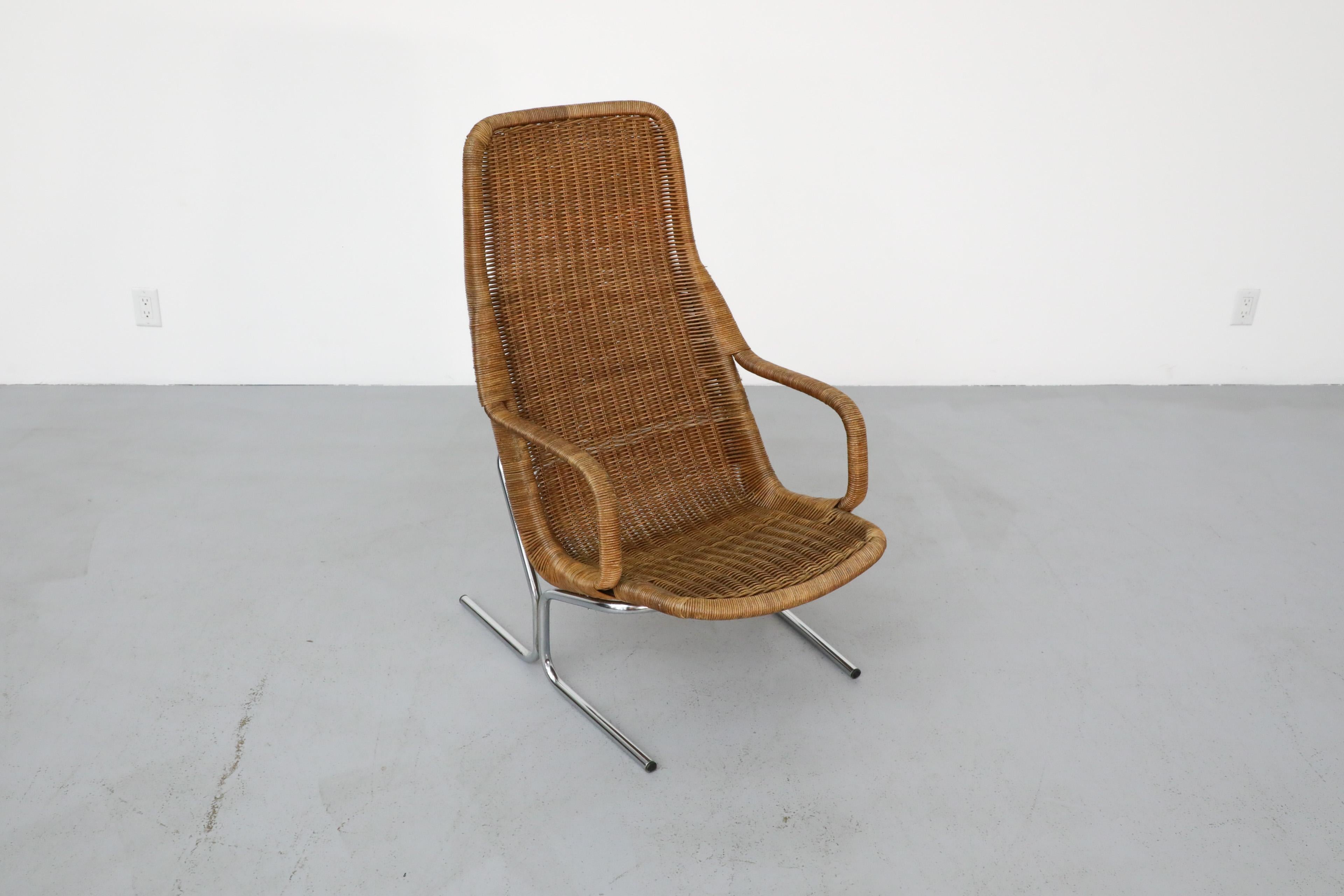 Dirk Van Sliedregt Model 514C High Back Rattan Lounge Chair w/ Chrome Sled Legs 3