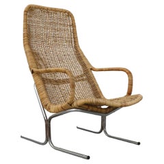 Vintage Dirk Van Sliedregt Model 514C High Back Rattan Lounge Chair w/ Chrome Sled Legs