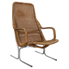 Vintage Dirk Van Sliedregt Model 514C High Back Rattan Lounge Chair w/ Chrome Sled Legs
