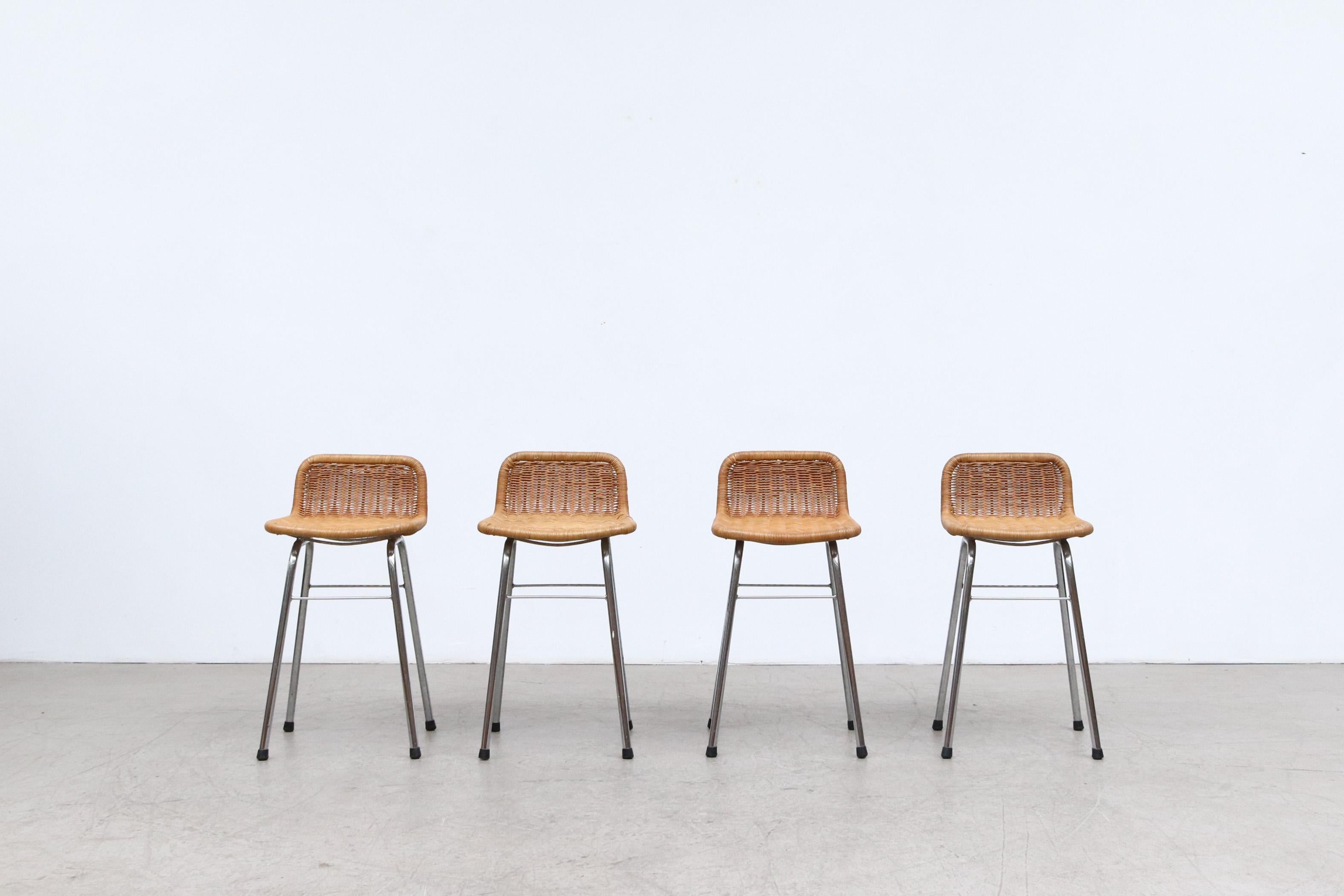 Charlotte Perriand style wicker counter stools with chrome frame and 20.5