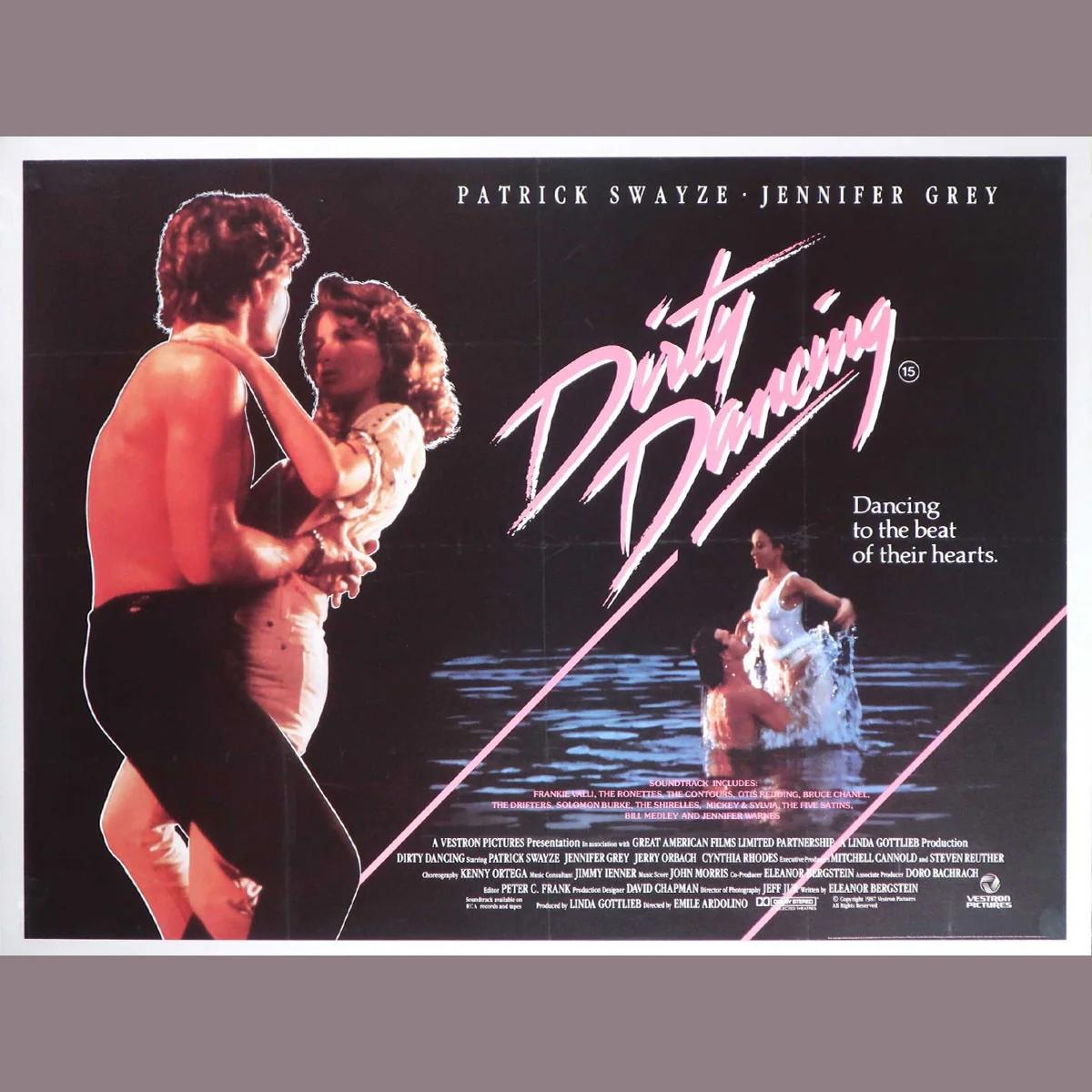 Dirty Dancing (1987)
Original British Quad (30 X 40 Zoll)

Ein bahnbrechender Tanzfilm aus den 1980er Jahren, der Patrick Swayze berühmt machte. Er gewann einen Oscar für den Song (Time Of My Life), aber der Film war in vielerlei Hinsicht