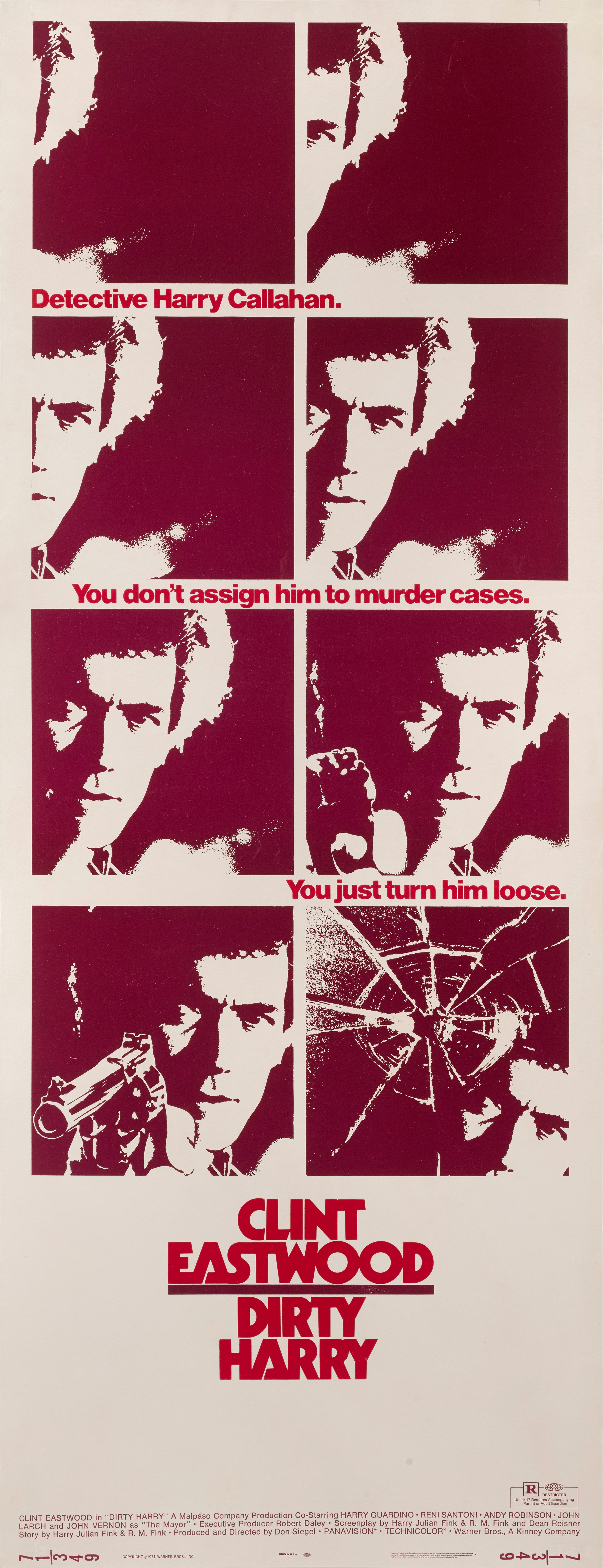 Original US film poster for Clint Eastwood's 1971 classic thriller.
This film was produced and directed by Don Siegel, and was the first in the Dirty Harry series. Clint Eastwood plays the title role, in his first outing as San Francisco Police