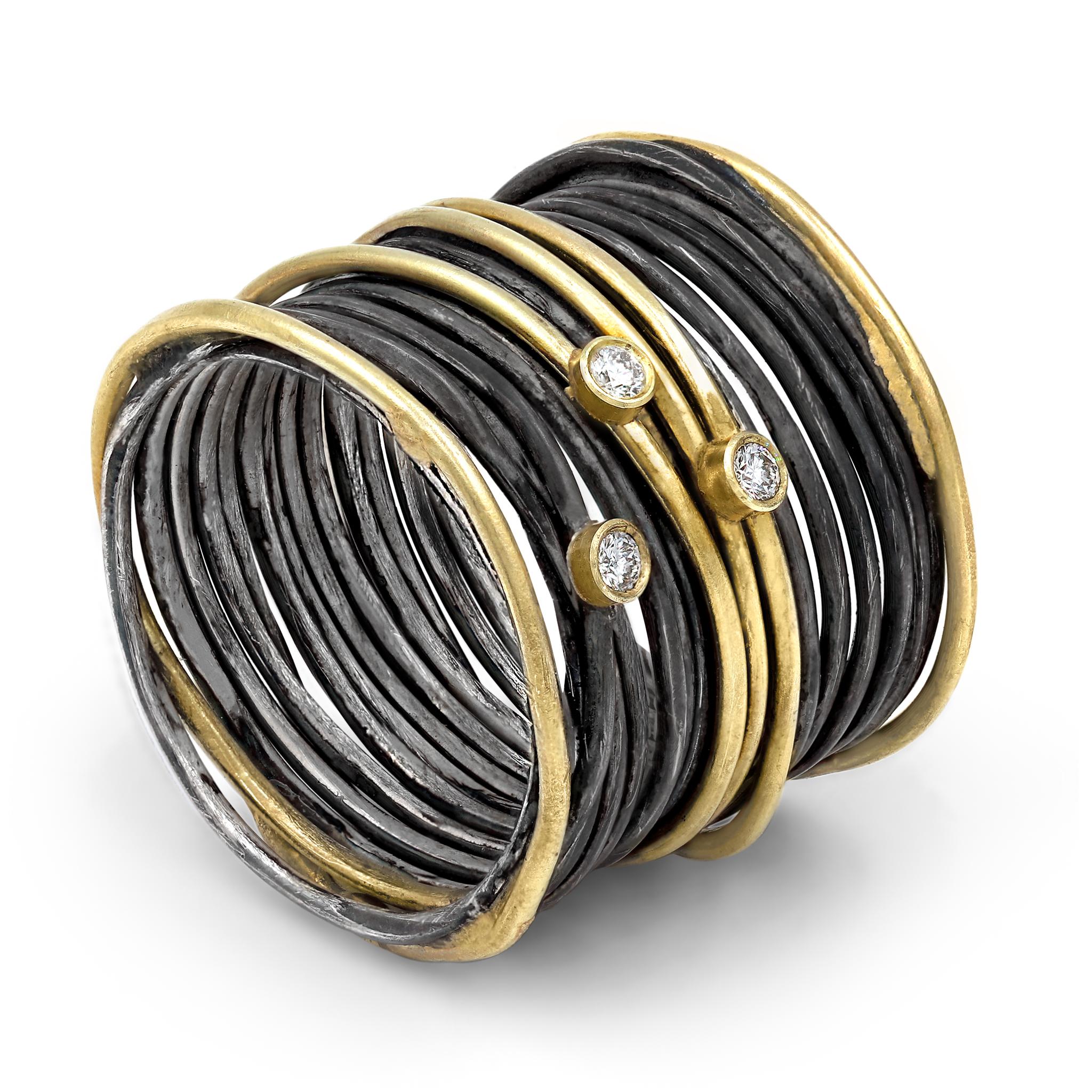 Disa Allsopp Weißer Diamant Gelbgold Oxidiertes Silber Spaghetti-Wickelring (Rundschliff)
