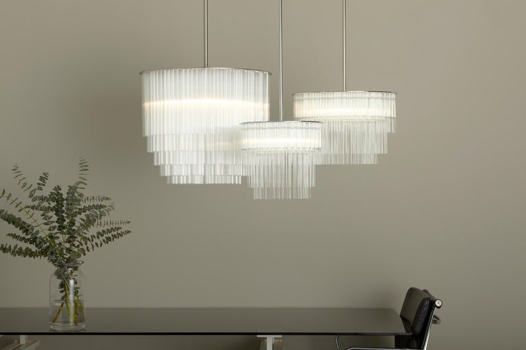 Disc Chandelier UL Listed with Clear Borosilicate Glass and Metal Fitting In New Condition For Sale In New York, NY