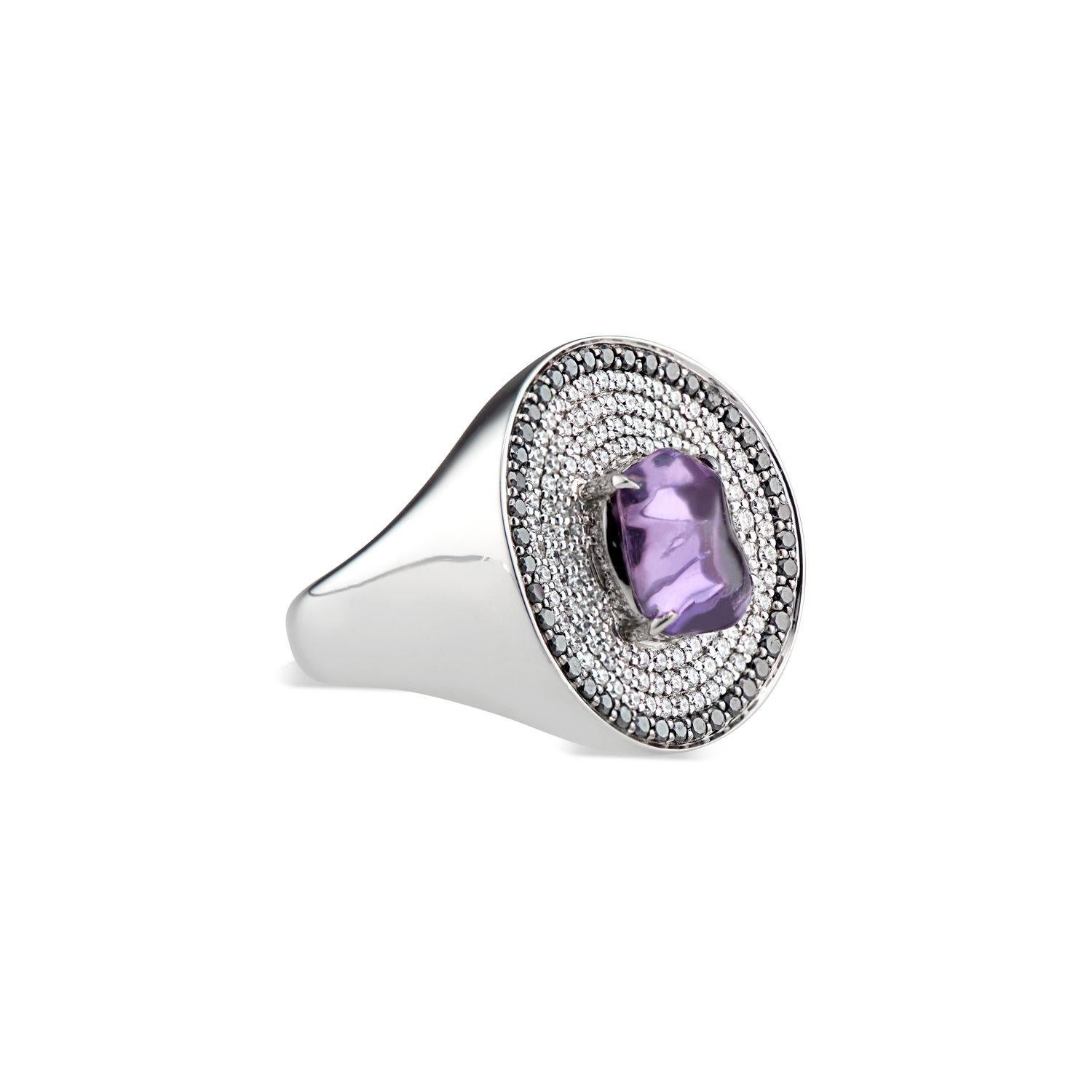 Contemporary Disc Cocktail Ring with Purple Sapphire and Black and White Pave Diamonds For Sale