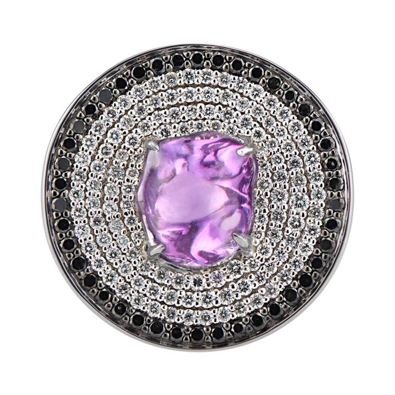 Disc Cocktail Ring with Purple Sapphire and Black and White Pave Diamonds For Sale