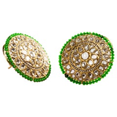 Disc Earrings in 18 Karat Yellow Gold and Uncut Diamonds