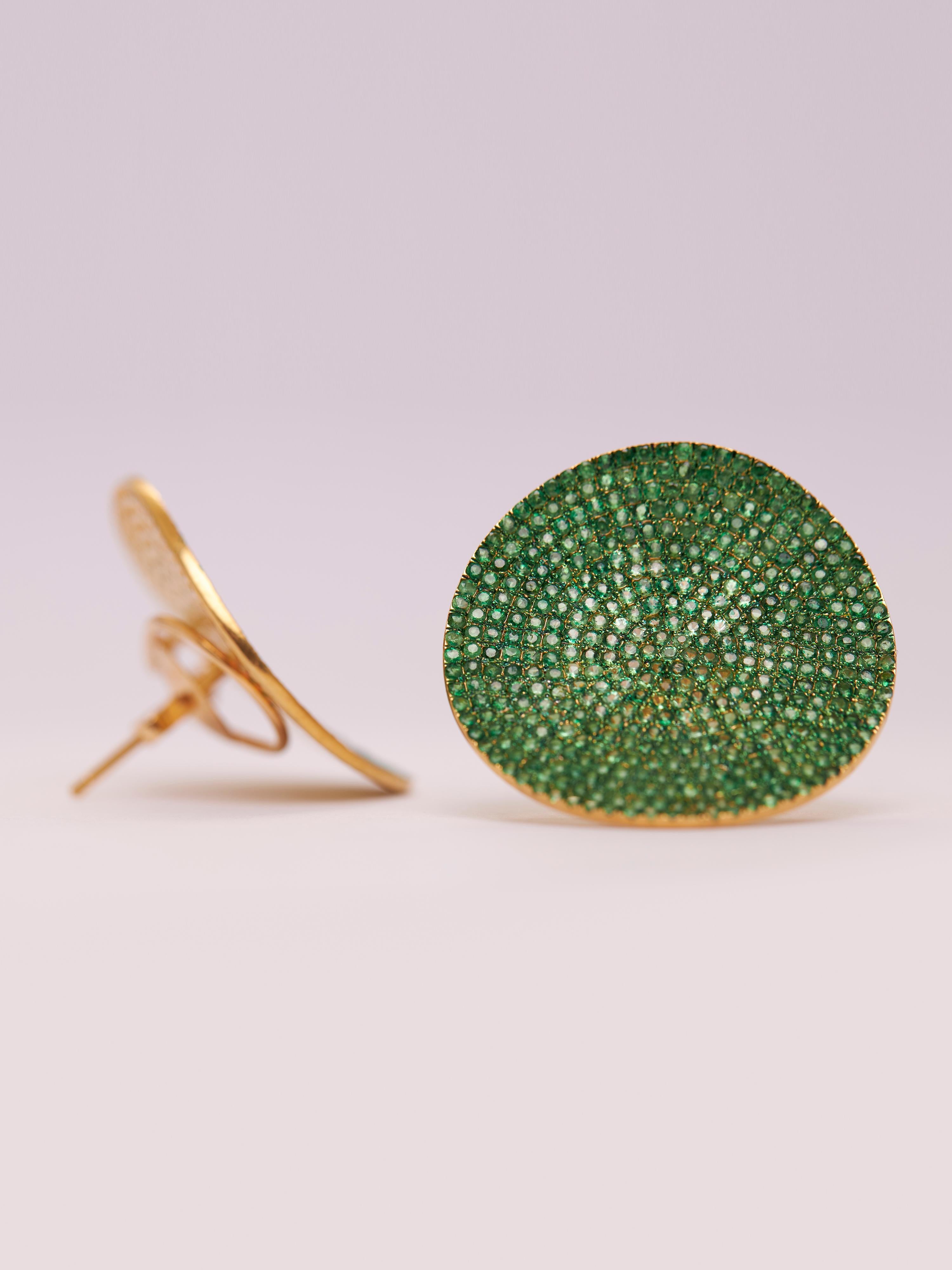 Tsavorite Disc Earrings in 14kt Gold For Sale 1