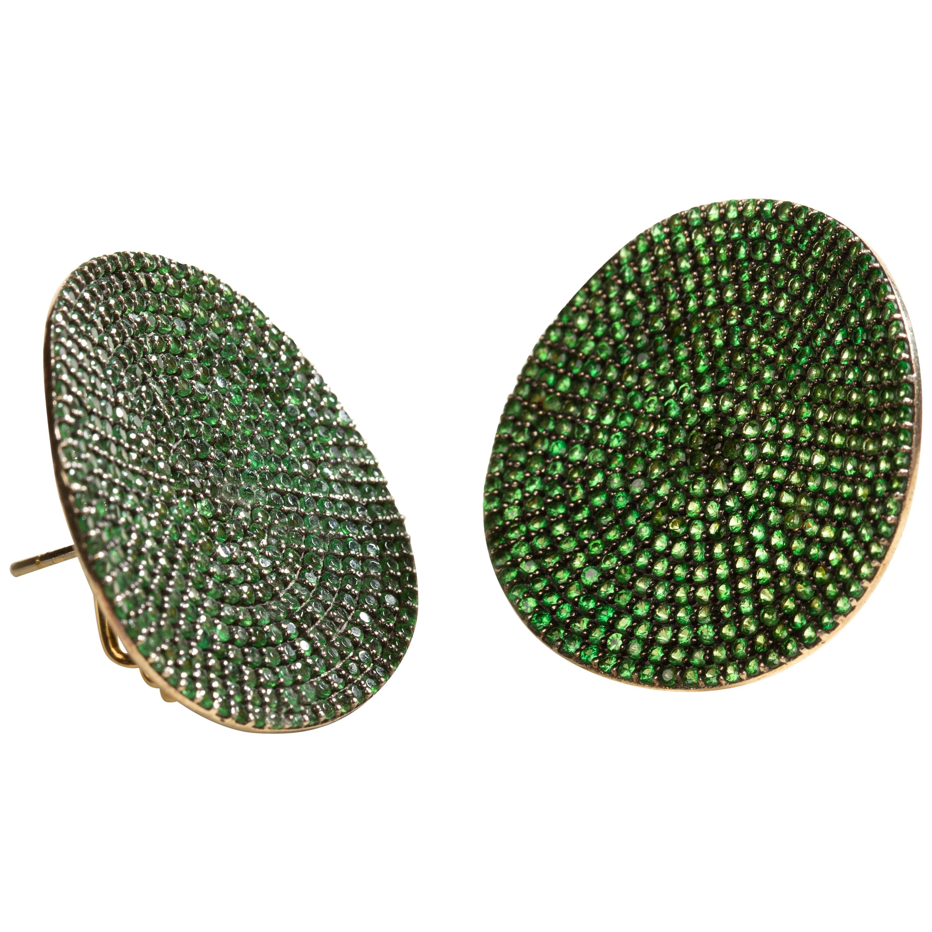 Disc Earrings in Silver with Tsavorites For Sale