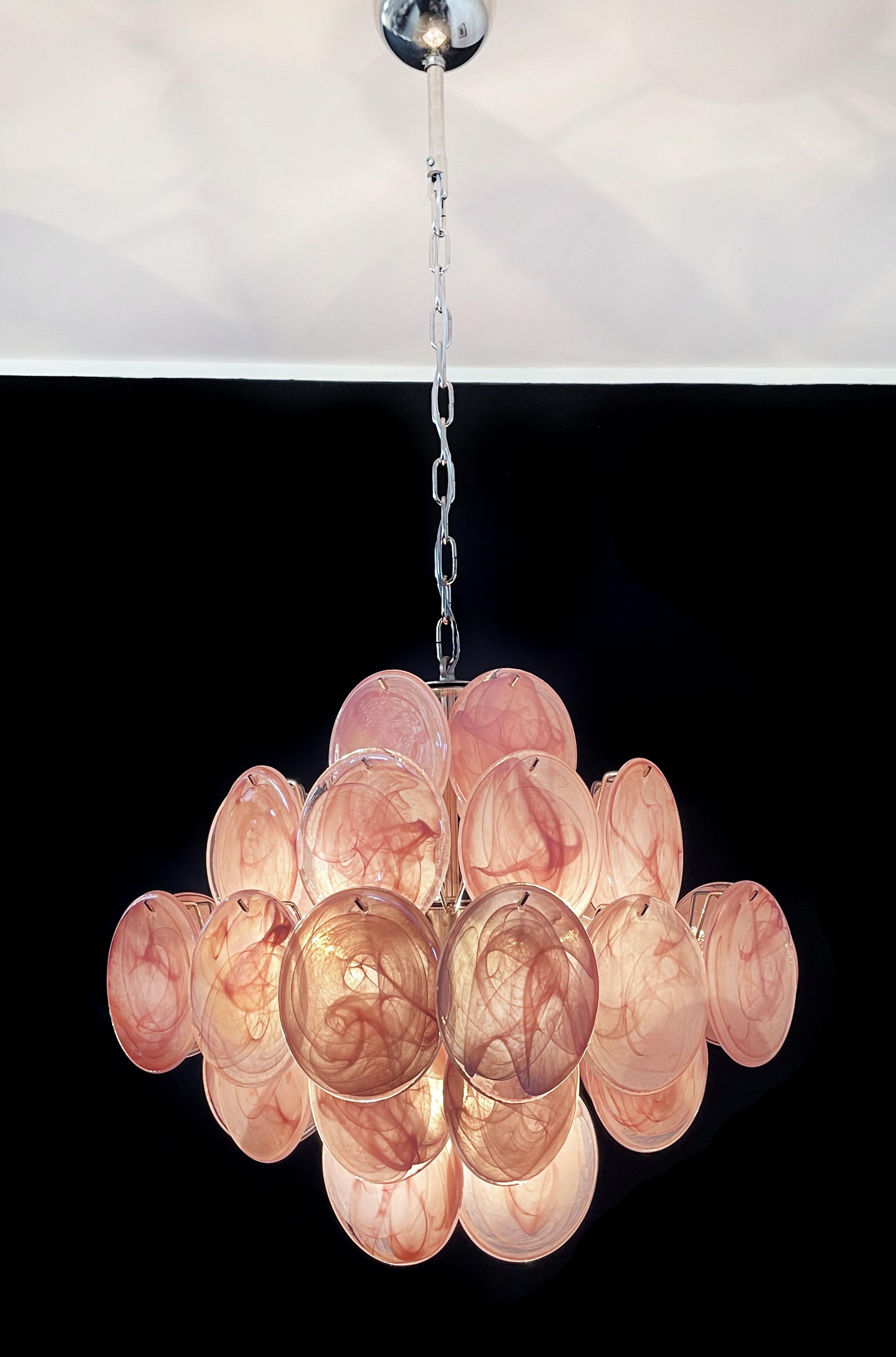 Disc Pink Glass Chandelier by Vistosi Style. Murano For Sale 5