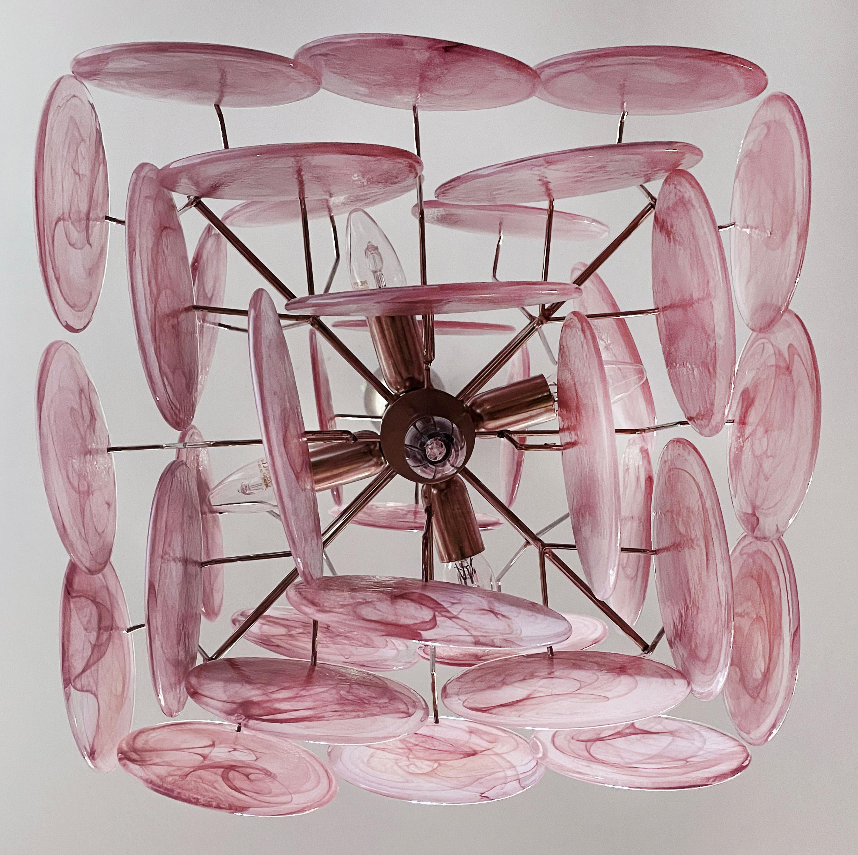 Disc Pink Glass Chandelier by Vistosi Style. Murano For Sale 7