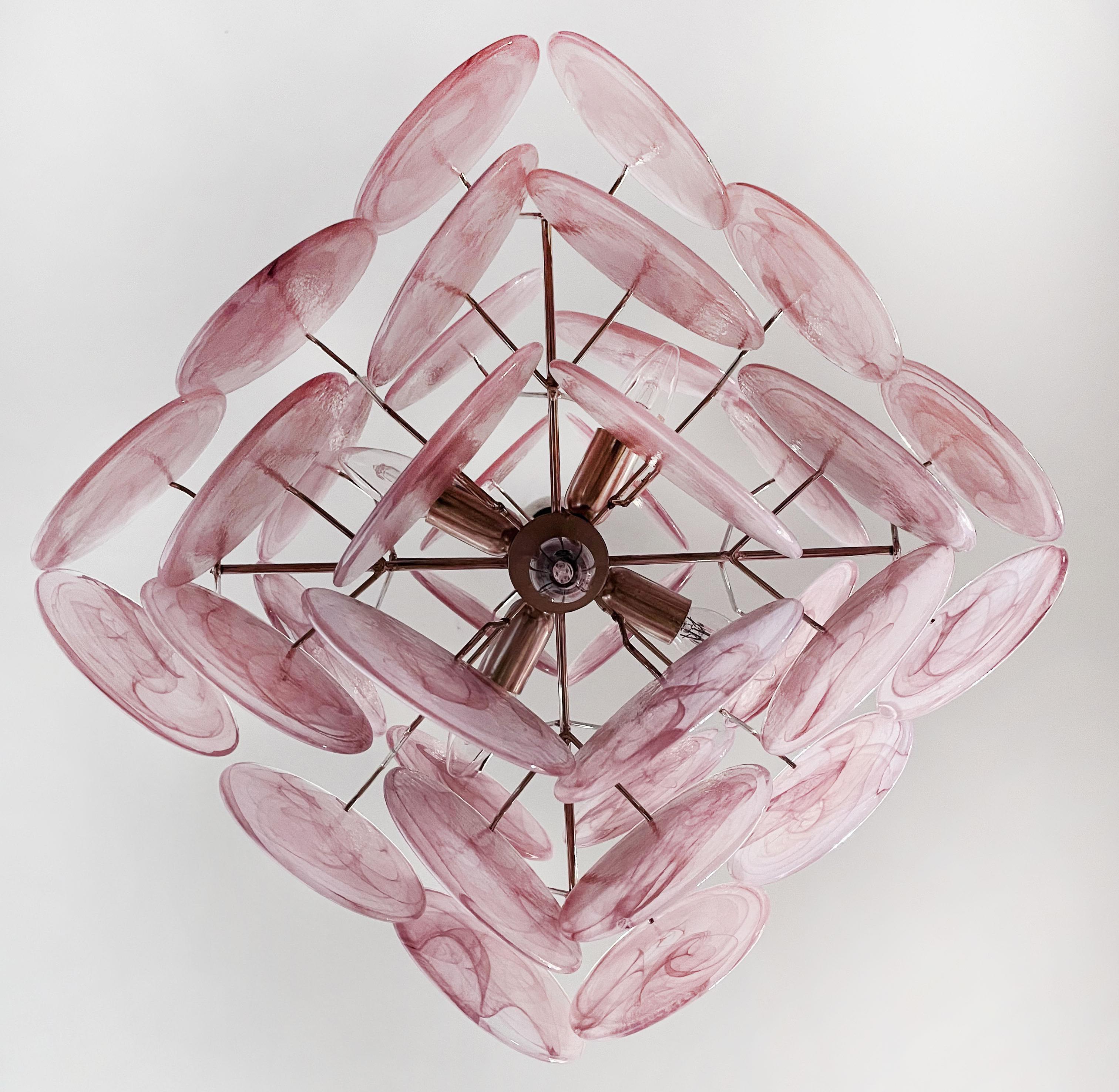 Disc Pink Glass Chandelier by Vistosi Style. Murano For Sale 8