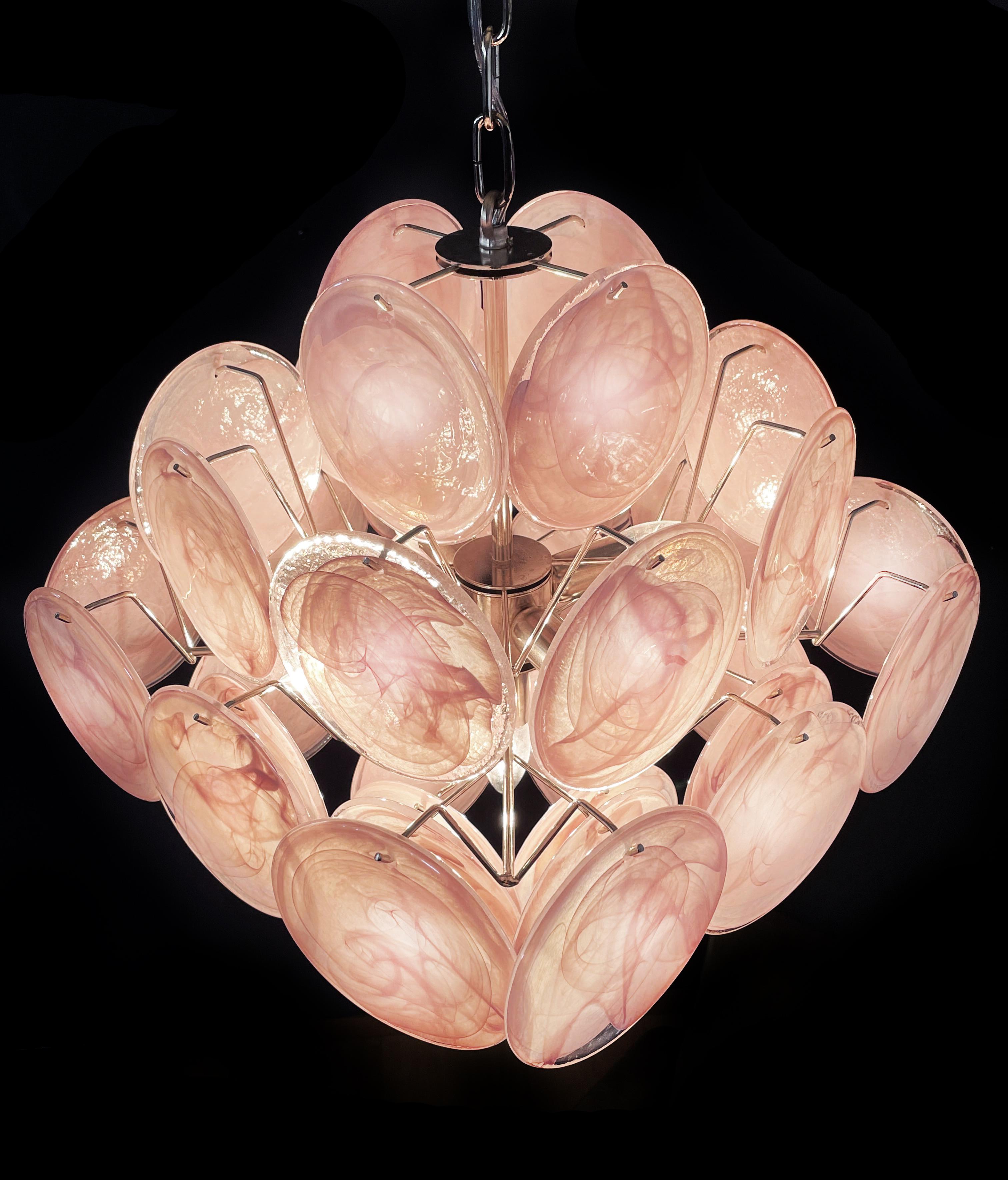 Metal Disc Pink Glass Chandelier by Vistosi Style. Murano For Sale