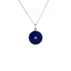Round Disk Pendant 18k White Gold Blue Vitreous Enamel Guilloche Paillons