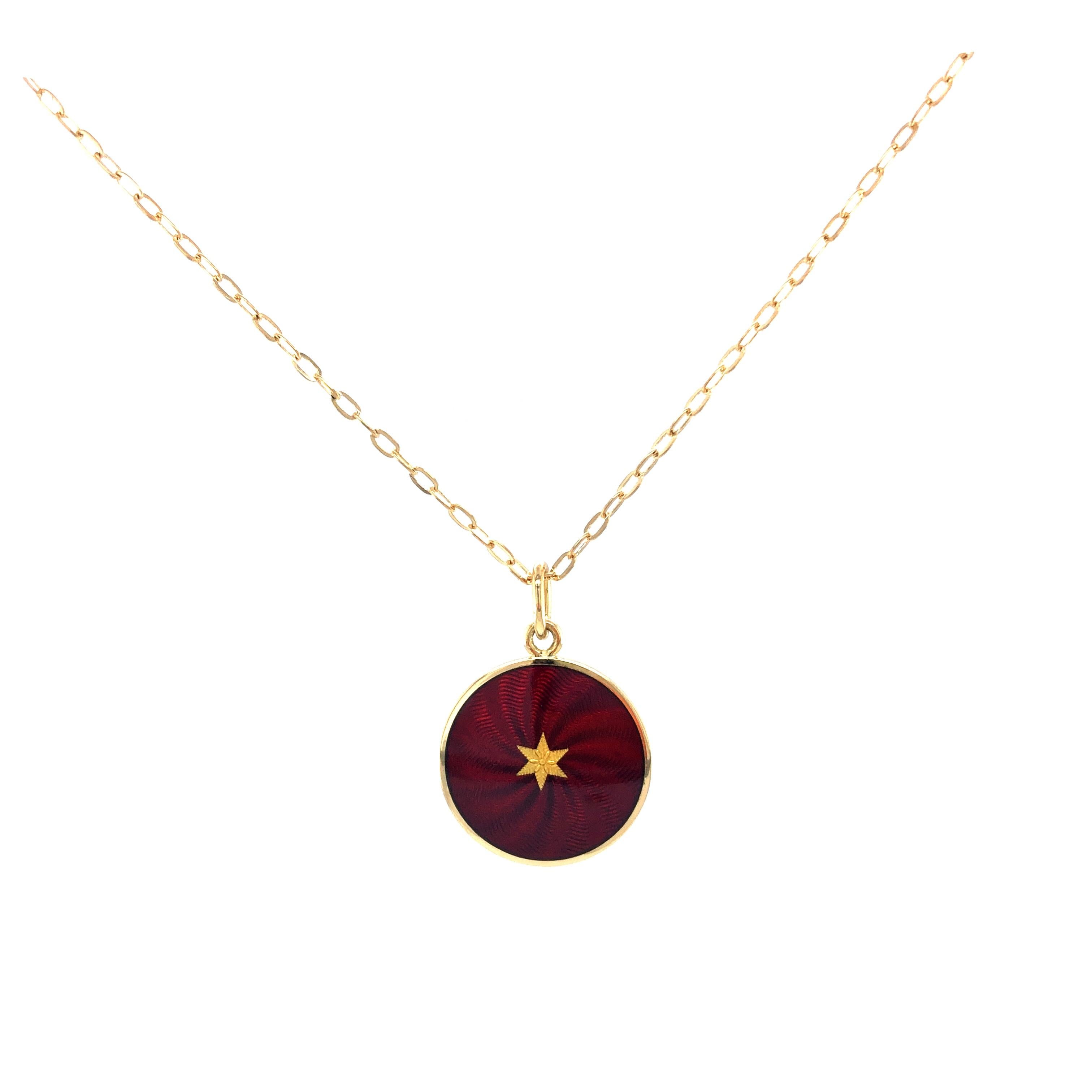 Victorian Round Disk Pendant, 18k Yellow Gold, Burgundy Red Guilloche Enamel Paillons For Sale