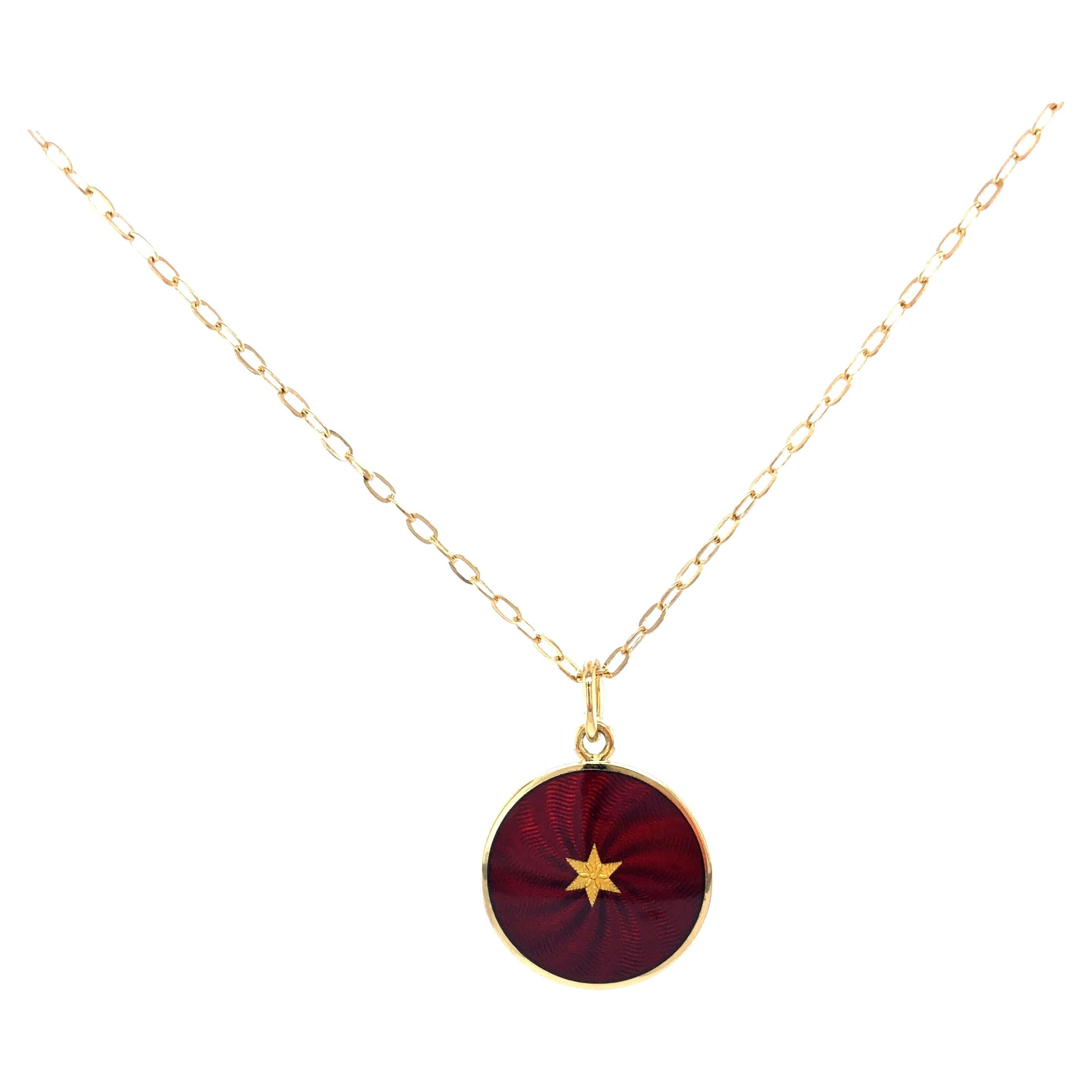 Round Disk Pendant, 18k Yellow Gold, Burgundy Red Guilloche Enamel Paillons For Sale