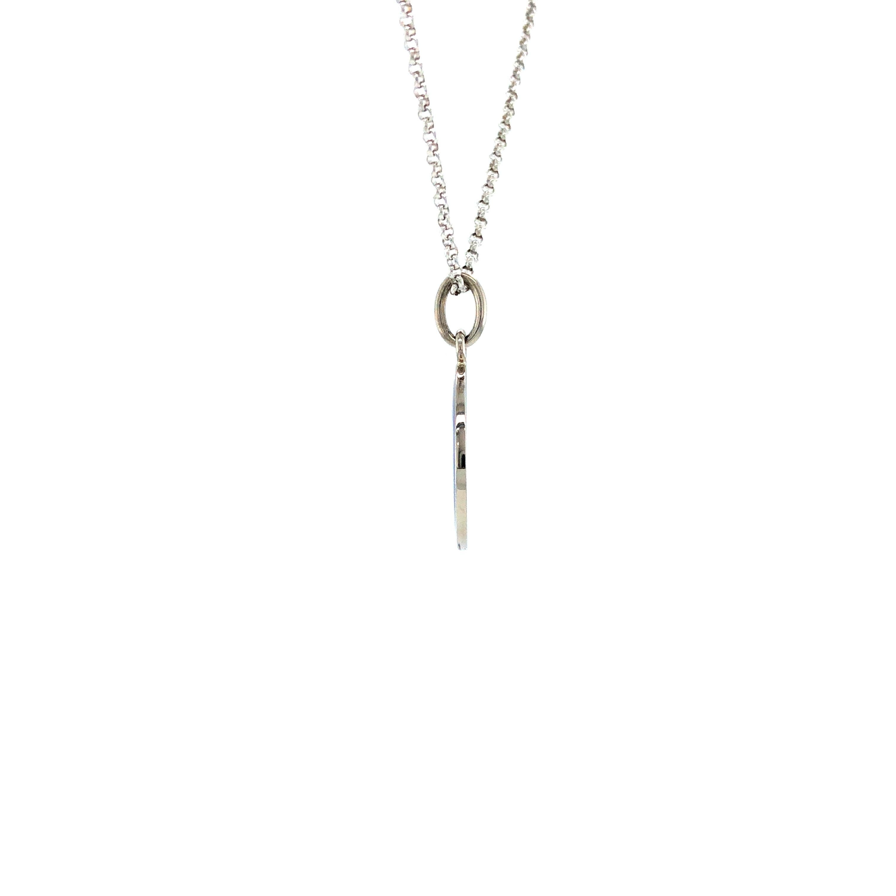 Women's Round Disk Pendant Necklace 18k White Gold Blue Enamel Guilloche Paillons For Sale