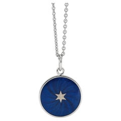 Round Disk Pendant Necklace 18k White Gold Blue Enamel Guilloche Paillons